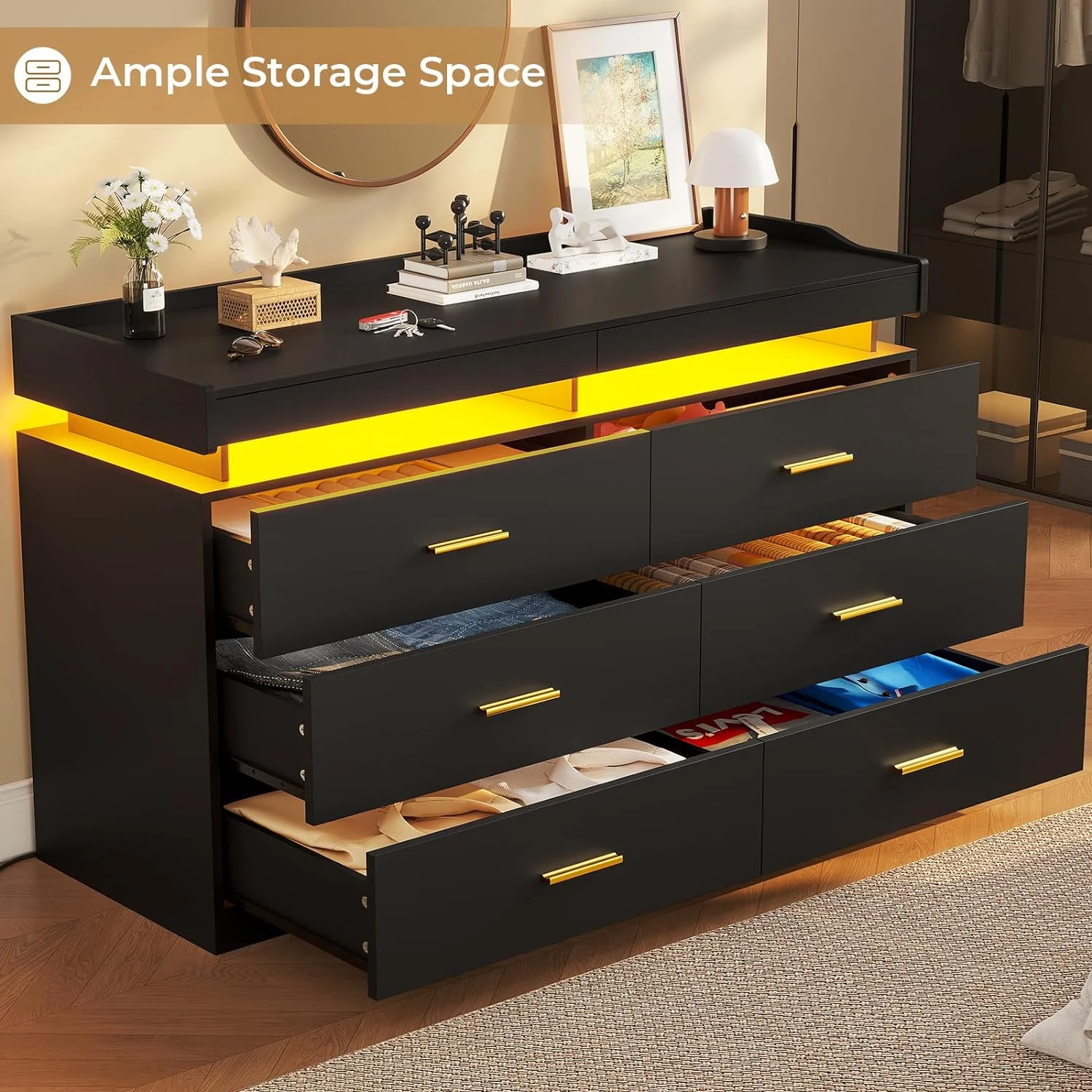 LED Dresser Black Chest of Drawers for Bedroom with 6 Drawers, Double Dresser with Pull-Out Trays for Living Room Entryway