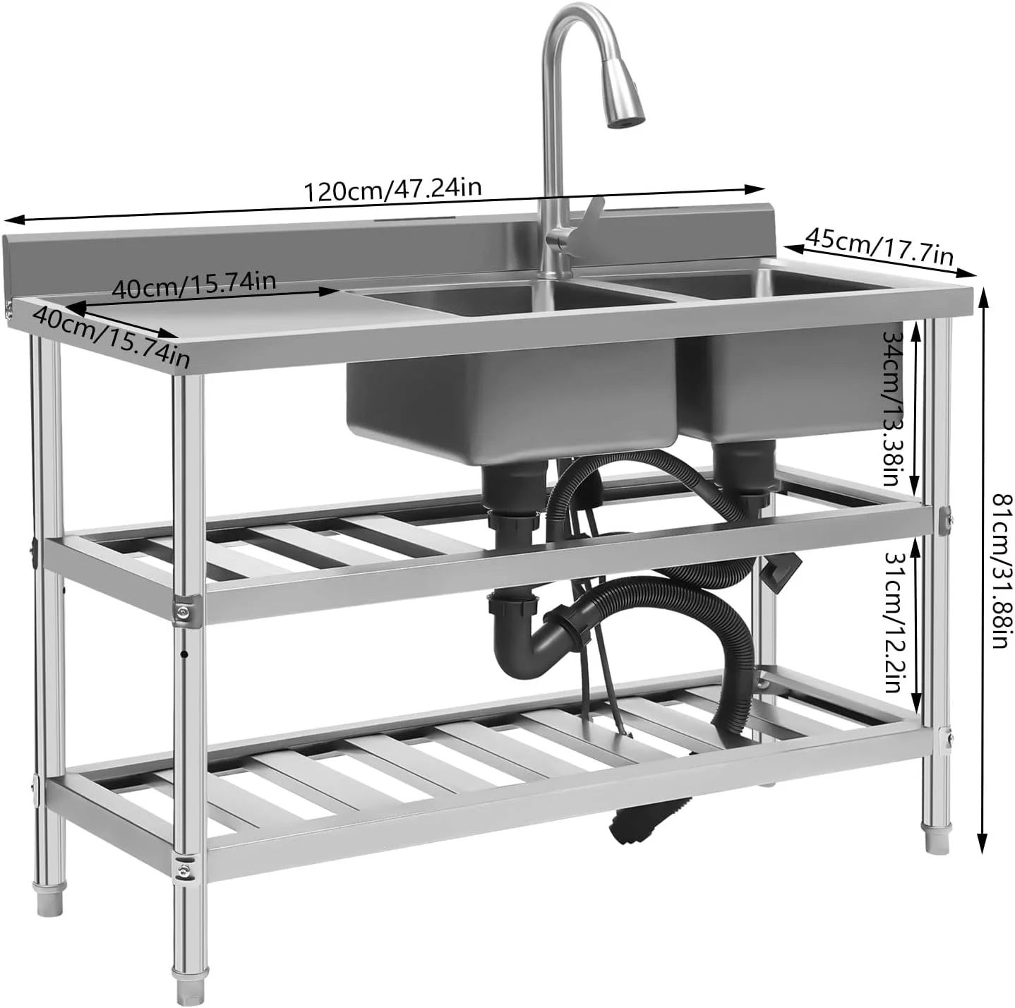 Free Standing Commercial Kitchen Sink 2 Compartment Stainless Steel Prep & Utility Sink 201 Stainless Steel Freestanding Kitchen Sink for Restaurant, Kitchen, Outdoor (Dual Bowl Style w/Baffle)