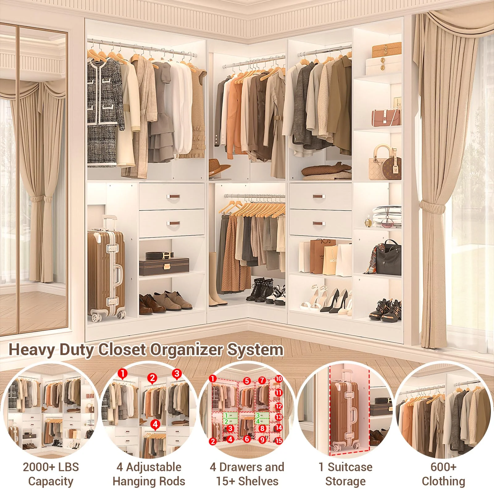 Homieasy Freestanding Closet System with 3 Sets, 110'' Reversible Stand-alone Wardrobe, 80'' Height Cloth Garment Organizer, Walk-in Closet with Hanging Rod, 71