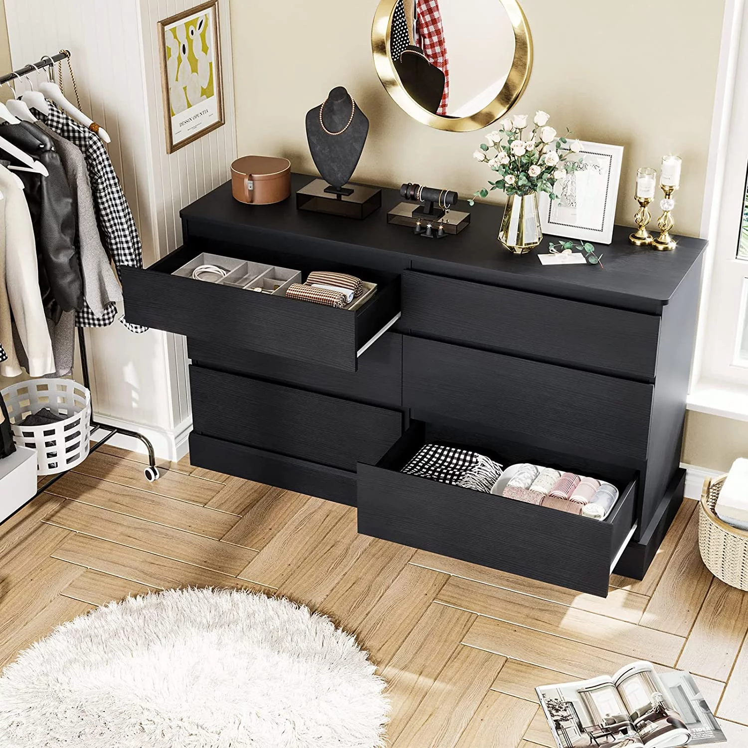6 Drawer Double Dresser, Large Storage Cabinet for Bedroom, Hallway, Entryway, Black
