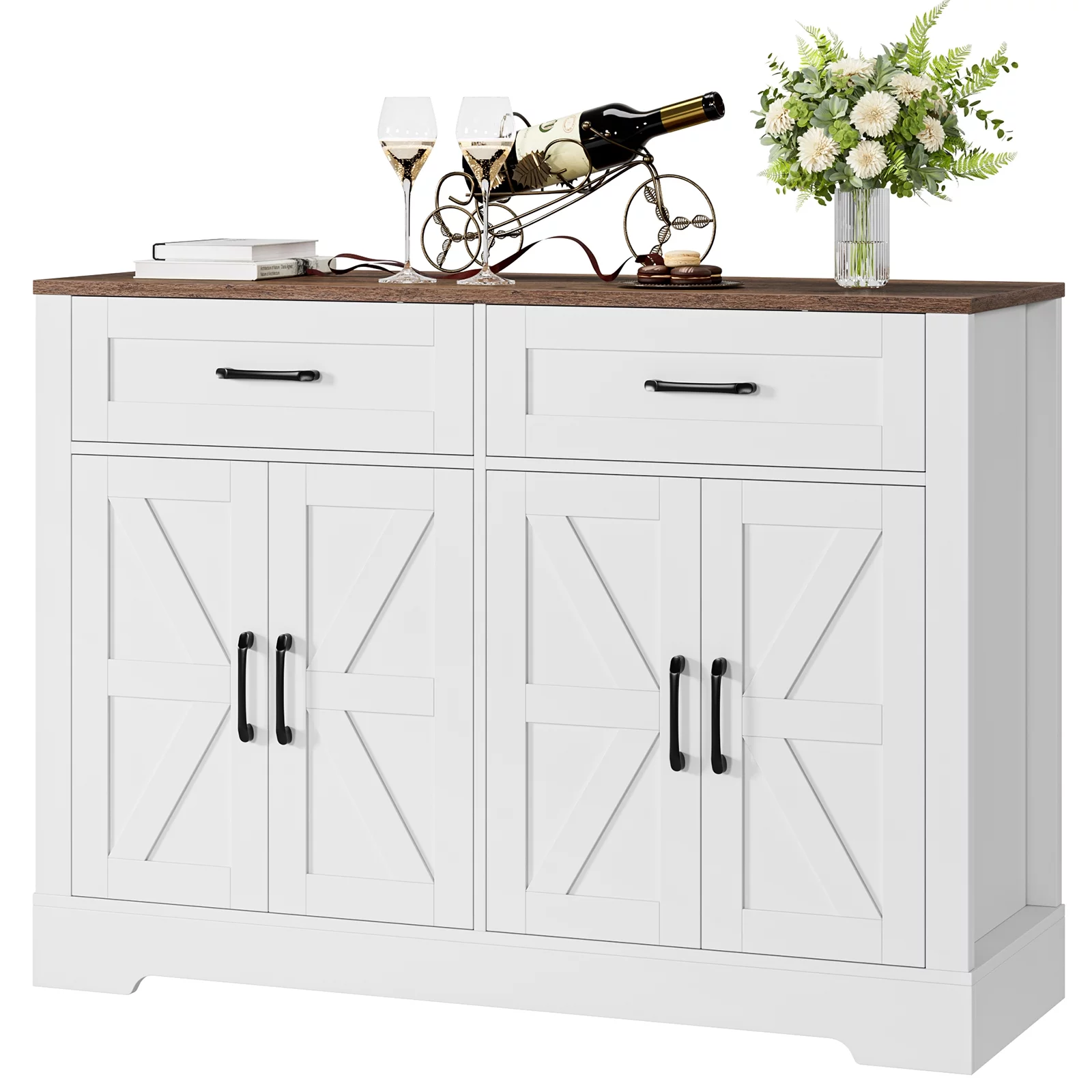Homfa Farmhouse Buffet Sideboard, 2 Drawers & 4 Doors Shelf Space Wood Storage Cabinet Credenza for Kitchen Living Room, White