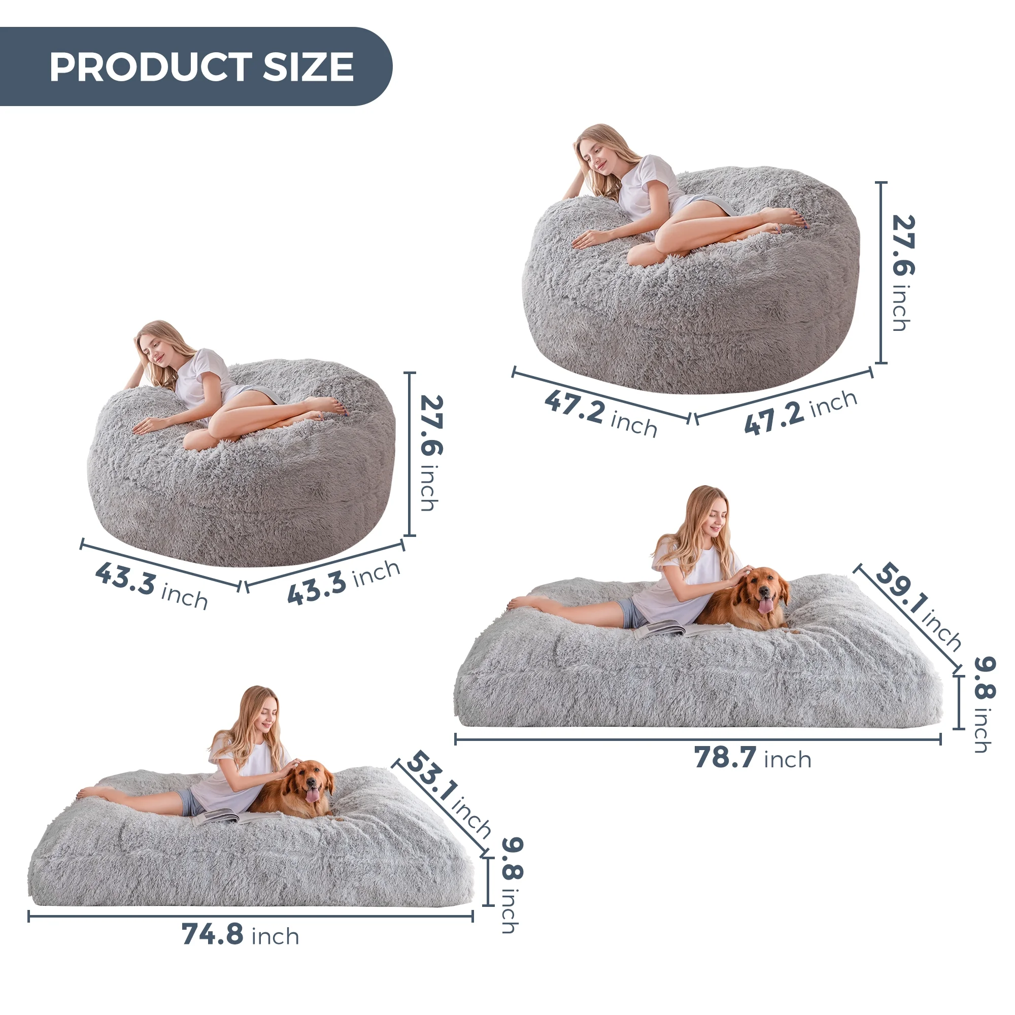 BYBYME Giant Bean Bag Chair Bed for Adults, Convertible Beanbag Folds from Lazy Chair to Floor Mattress Bed, Large Floor Sofa Couch, Big Sofa Bed, High-Density Foam Filling, Machine Washable,Full