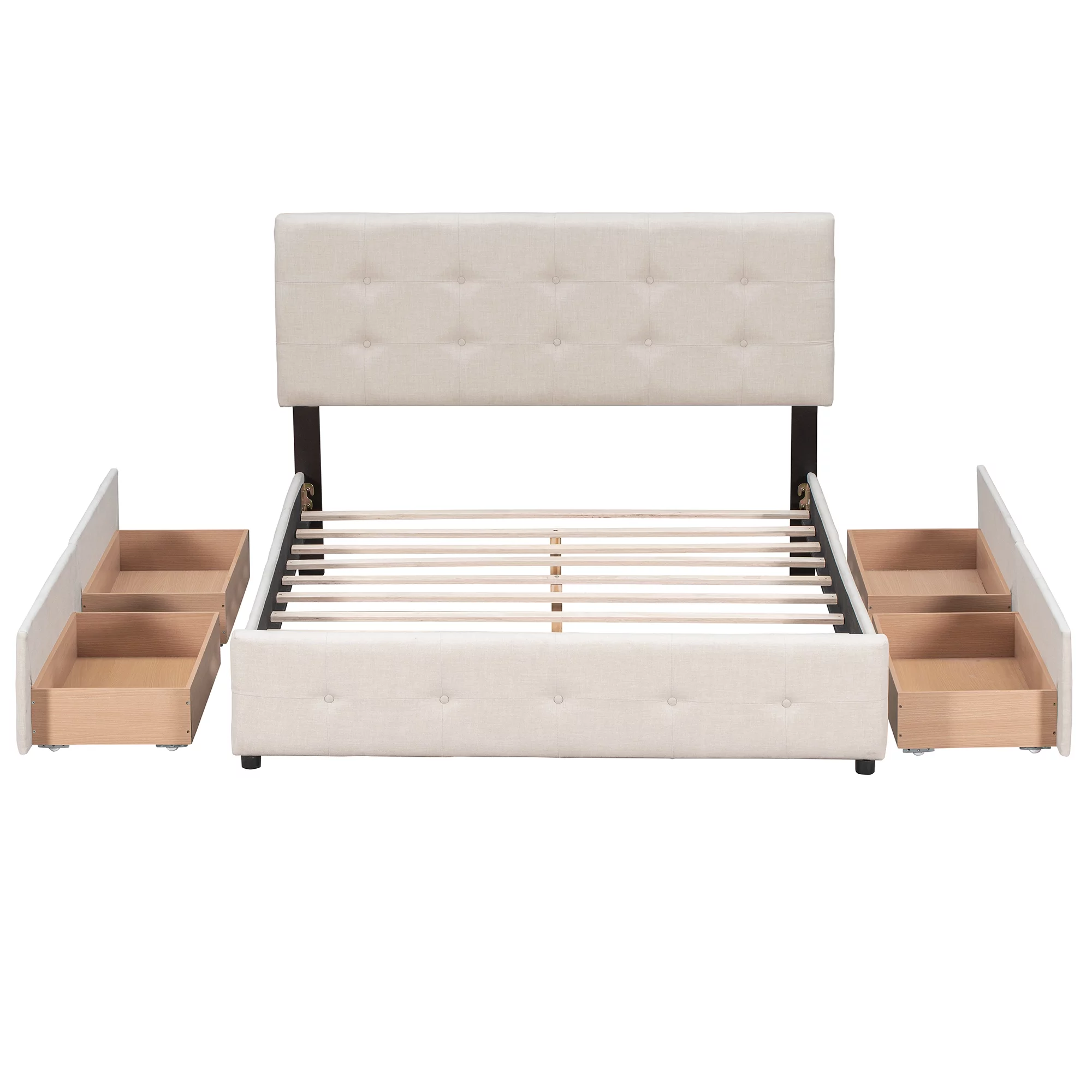 Bellemave Queen Size Upholstered Platform Bed with 4 Drawers, Storage Queen Bed Frame with Classic Headboard,Linen Fabric,Save Space Design,Beige