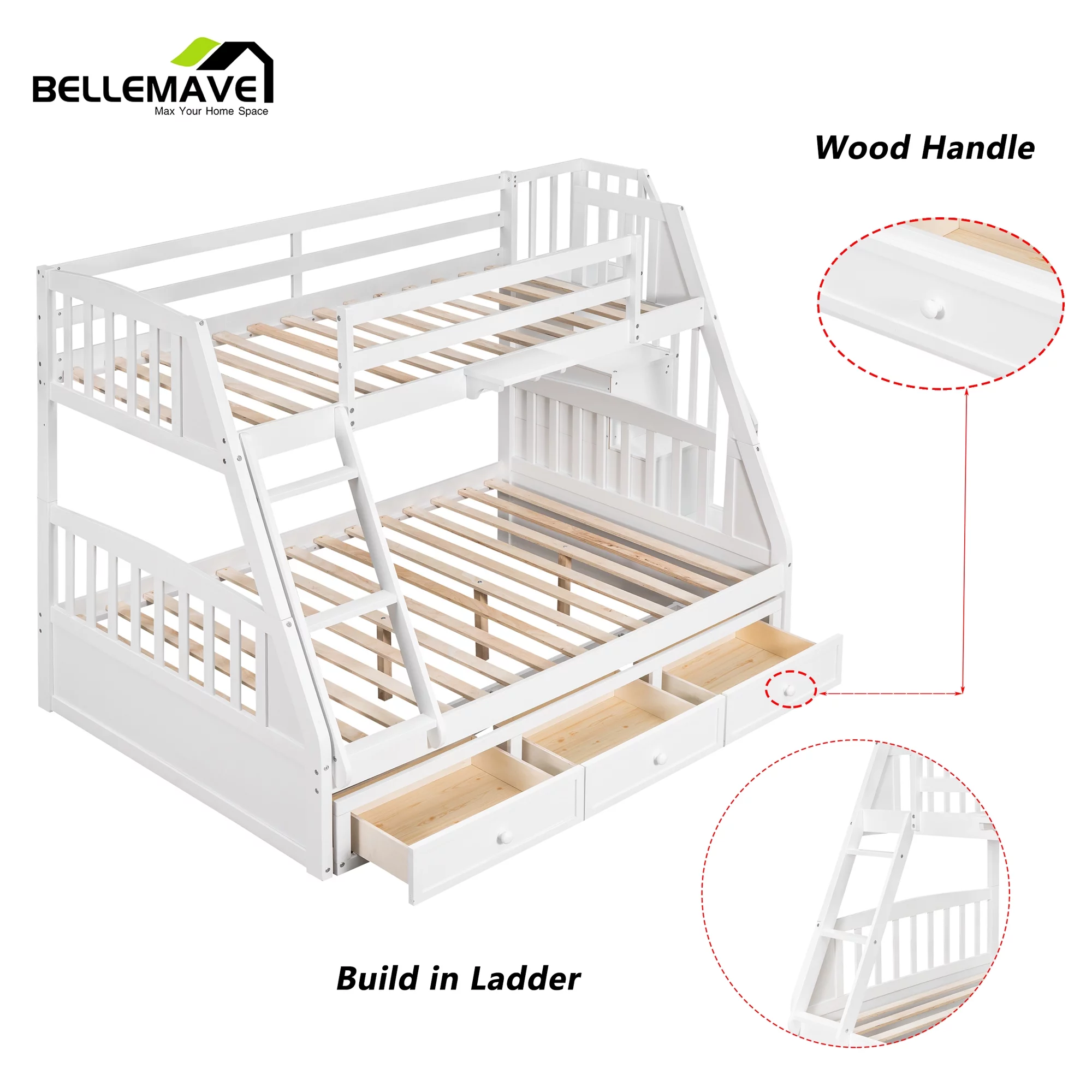 BELLEMAVE Twin over Full Bunk Bed with there drawer, bulid in ladder and storage stairs, Convertible into 2 beds, Kids bunk bed /Wood Bunk Bed for Kids, Teens(White)