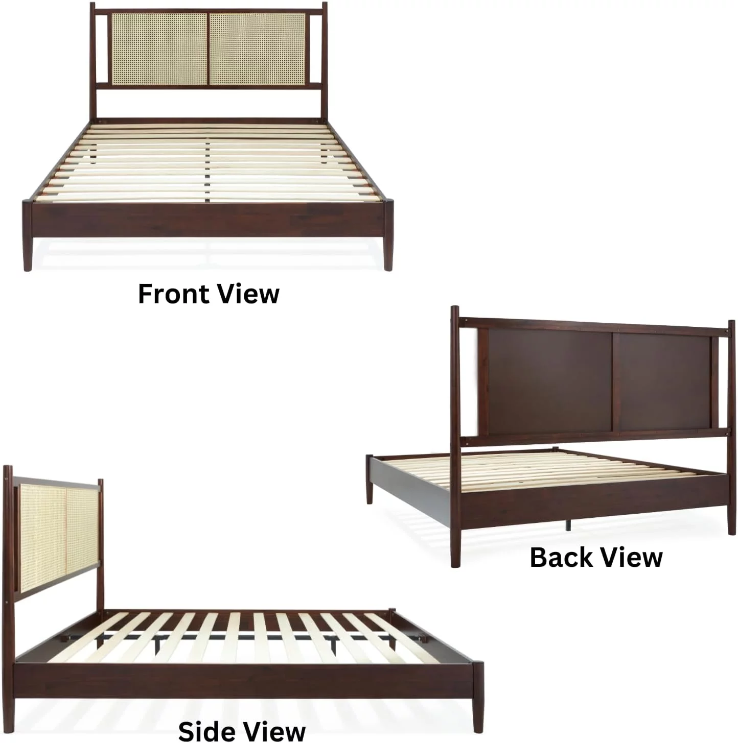 Bme Oliver 15 Inch Signature Bed Frame with Rattan Headboard - Bohemian & Mid Century Style - Acacia Wood - 12 Strong Wood Slat Support - Easy Assembly - No Box Spring Needed - Walnut, Queen