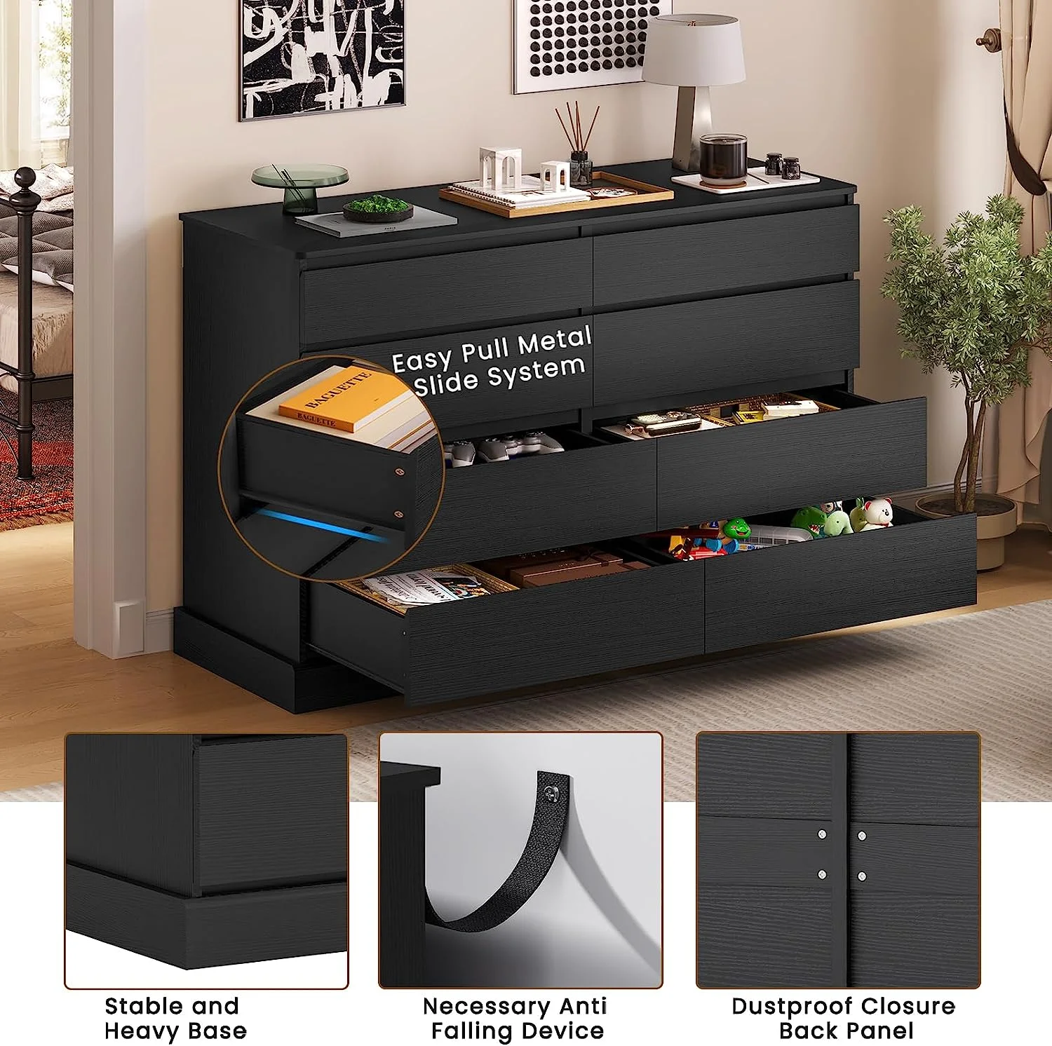 8 Drawers Double Dresser Wooden Black Dresser Chest of Drawers for Bedroom, Large Storage Cabinet for Home Living Room