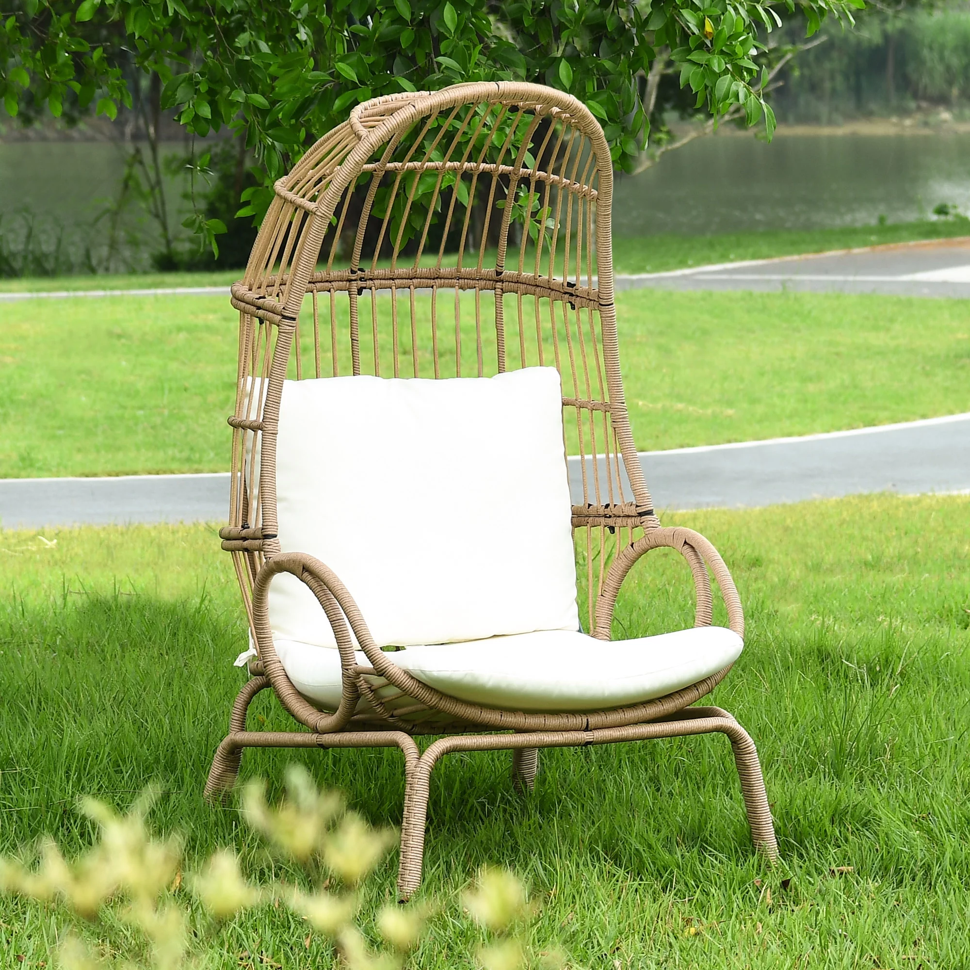 Dextrus Wicker Egg Chair Oversized Indoor Outdoor Patio Lounger w/ Steel Frame, Basket Chair for Bedroom,Living room,Patio, 370lb Capacity - Beige