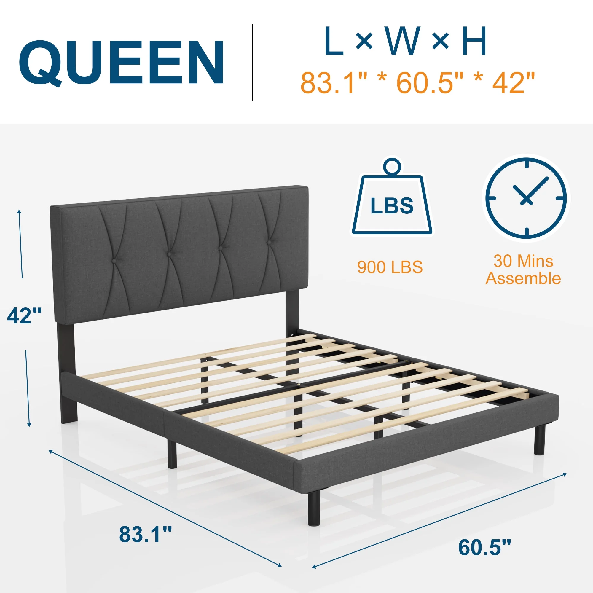 Queen Bed Frame, HAIIDE Queen Size Platform Bed With Fabric Upholstered Headboard, Dark Grey