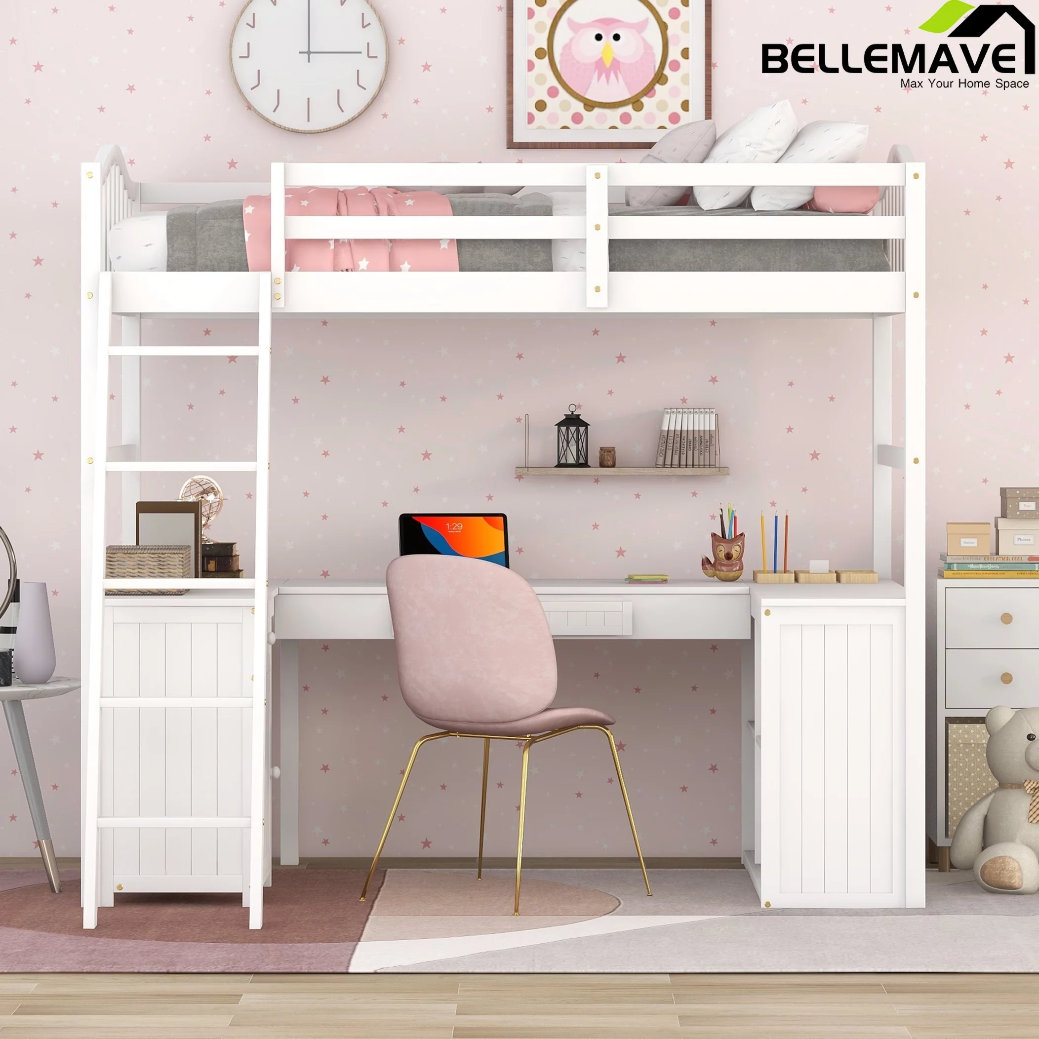 Bellemave Twin Size High Loft Bed with Desk and Drawers for Kids,Wooden Loft Bed Frame with Bookcase Shelves and Storage Cabinet for Kids,Teens,Adults,White