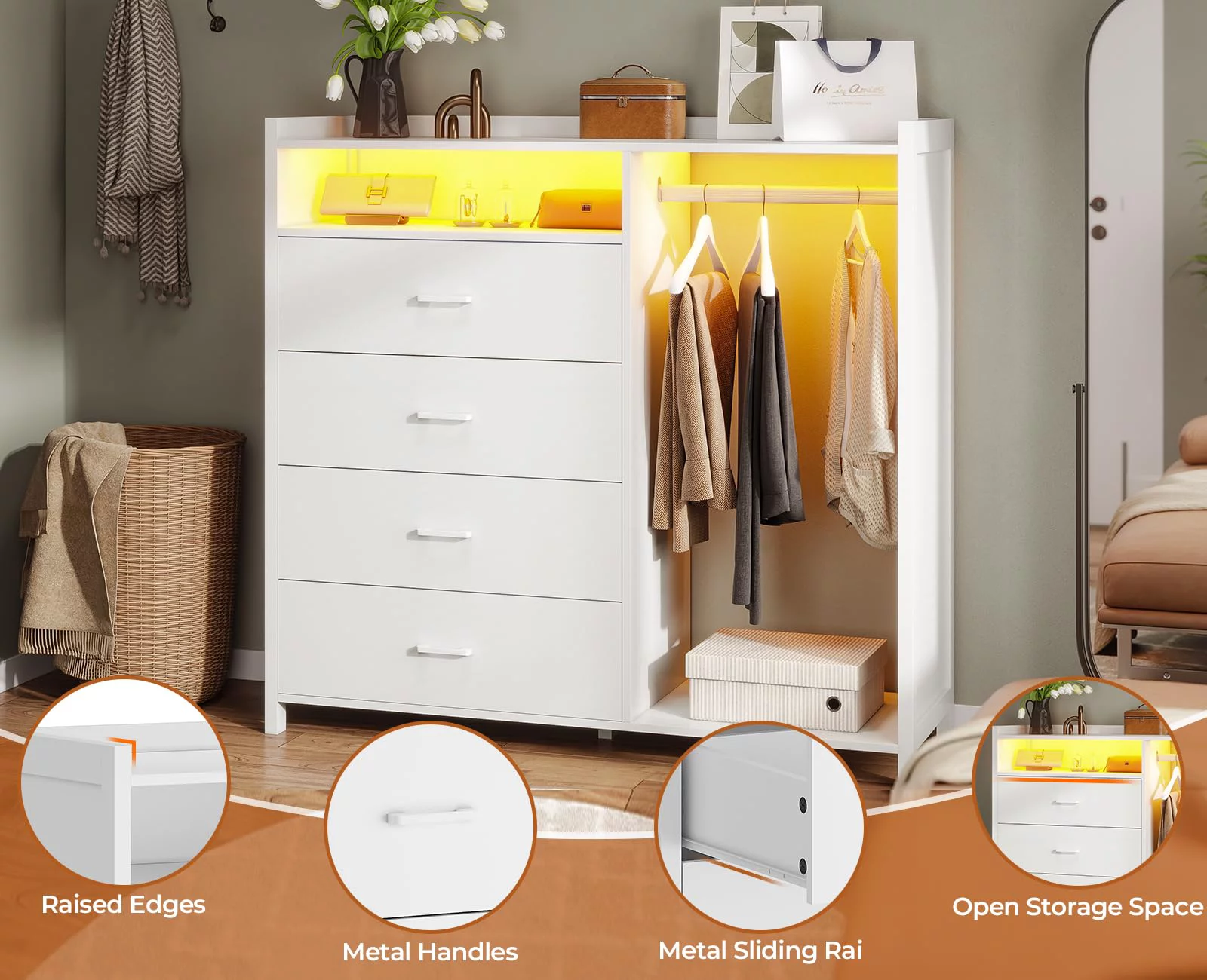 Afuhokles 4 Drawer Dresser for Bedroom with Clothing Rack, Dressers and Chests of Drawers with LED Lights, White