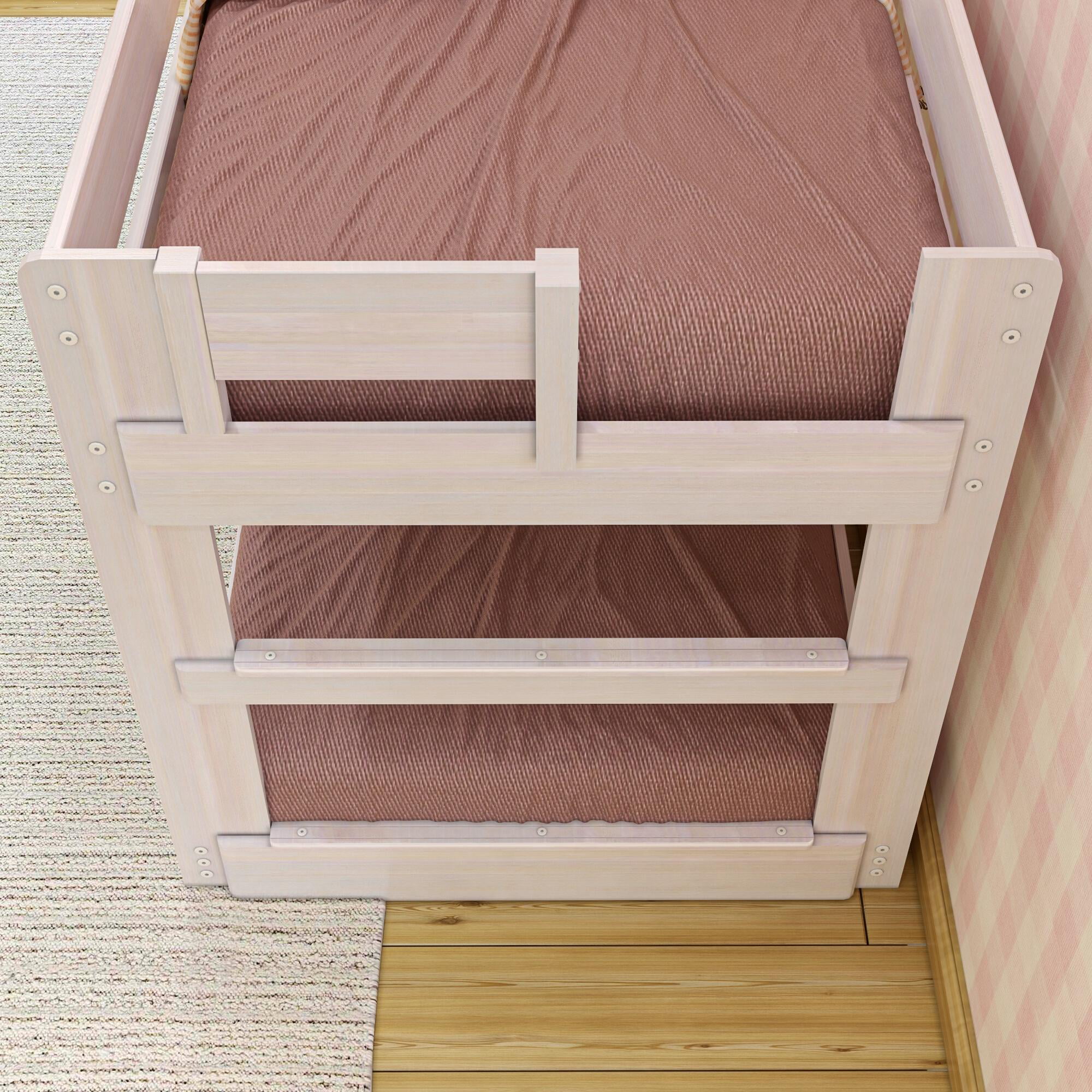 Max & Lily Twin Over Twin Low Bunk Bed, Modern Farmhouse Wooden Bunk Beds for Kids, White Wash