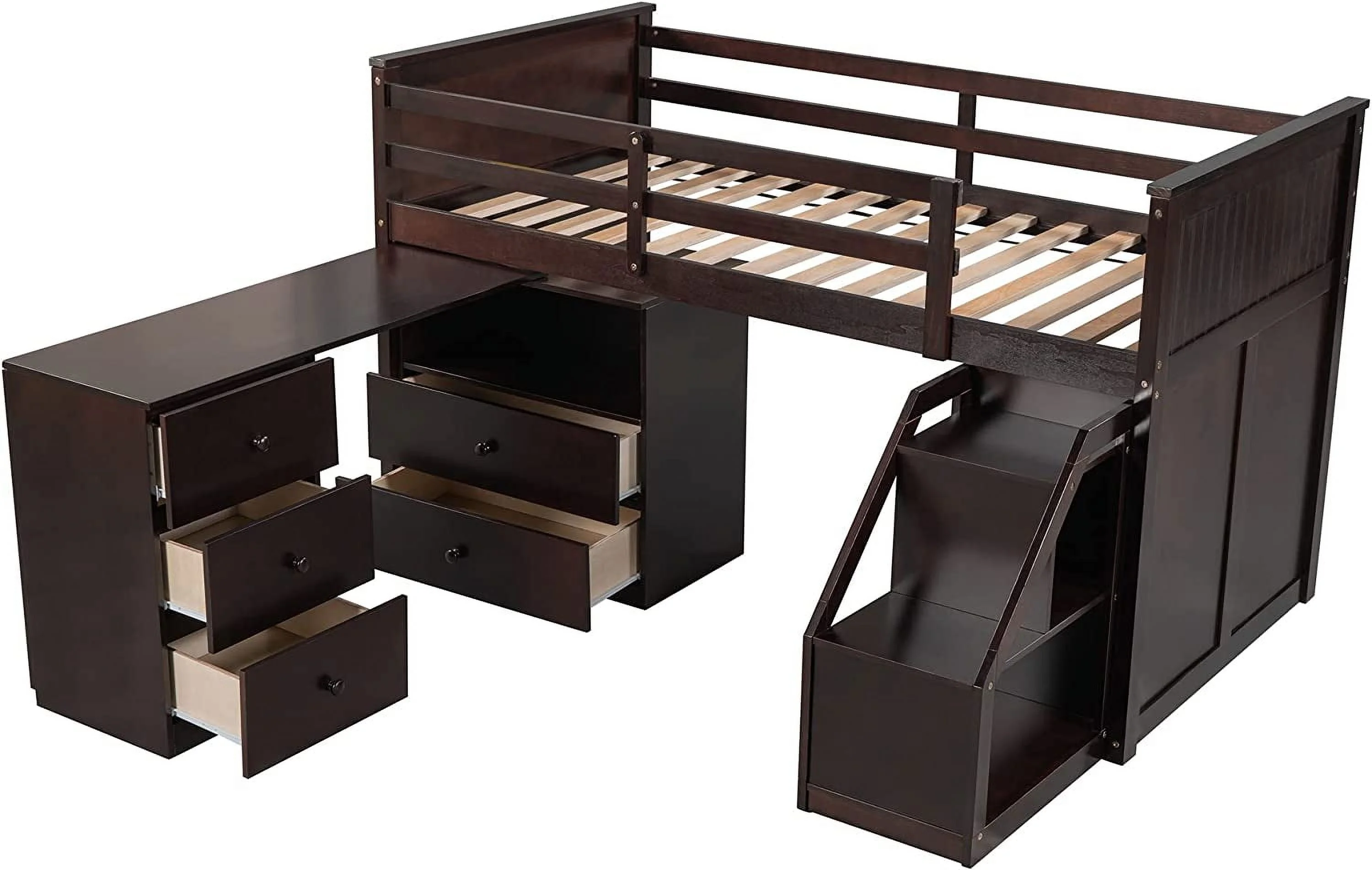 Low Loft Bed With Portable Desk And Stairs, Wood Size Loft Bed Frame With Storage Cabinets, Low Study Kids Loft Bed Frame For Bedroom Furniture (, Espresso)