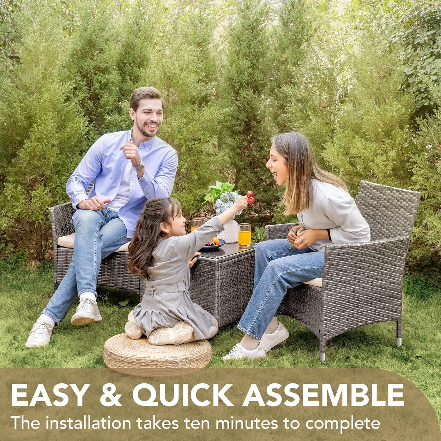 3 Pieces Patio Furniture Sets Clearance PE Rattan Wicker Chairs with Table Outdoor Garden Porch Furniture Sets (Light Grey)