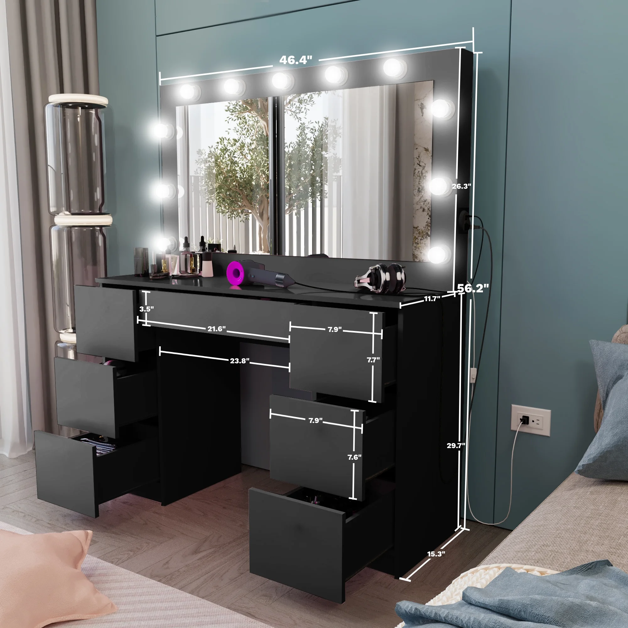 Ember Interiors Tammy Modern Black Painted Vanity Table, Lights, for Bedroom