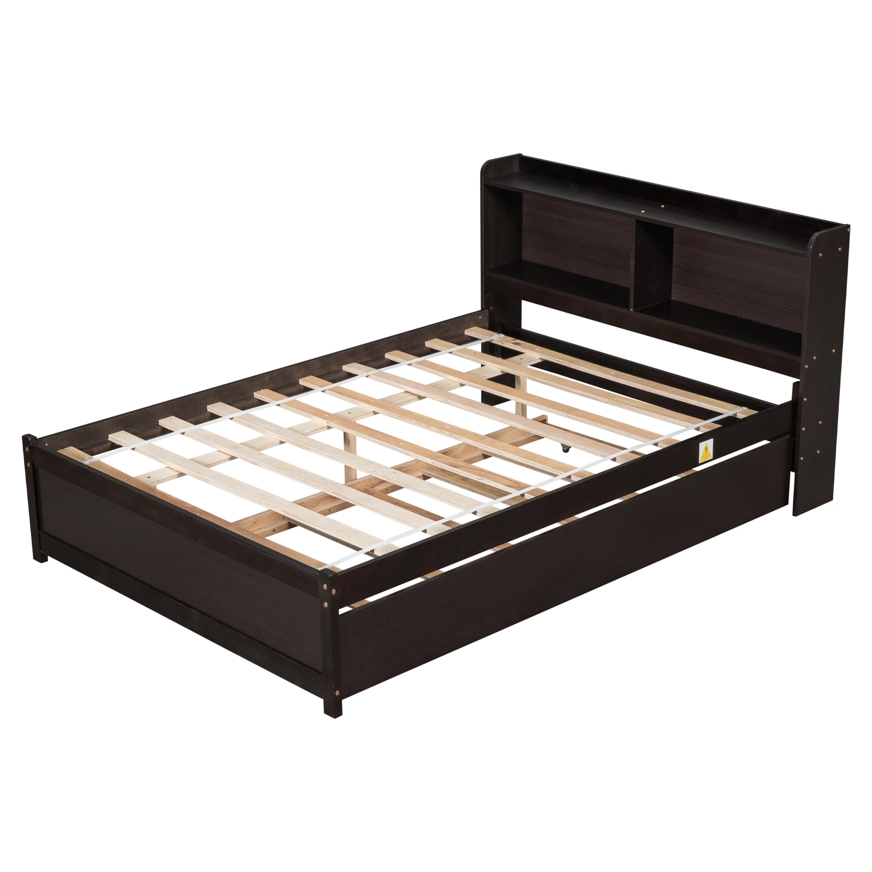 uhomepro Full Bed Frame with Bookcase Headboard and Trundle, Upgrade Pine Wood Platform Bed Frame for Kids, Modern Kids Bed Furniture for Bedroom, No Box Spring Needed, Espresso