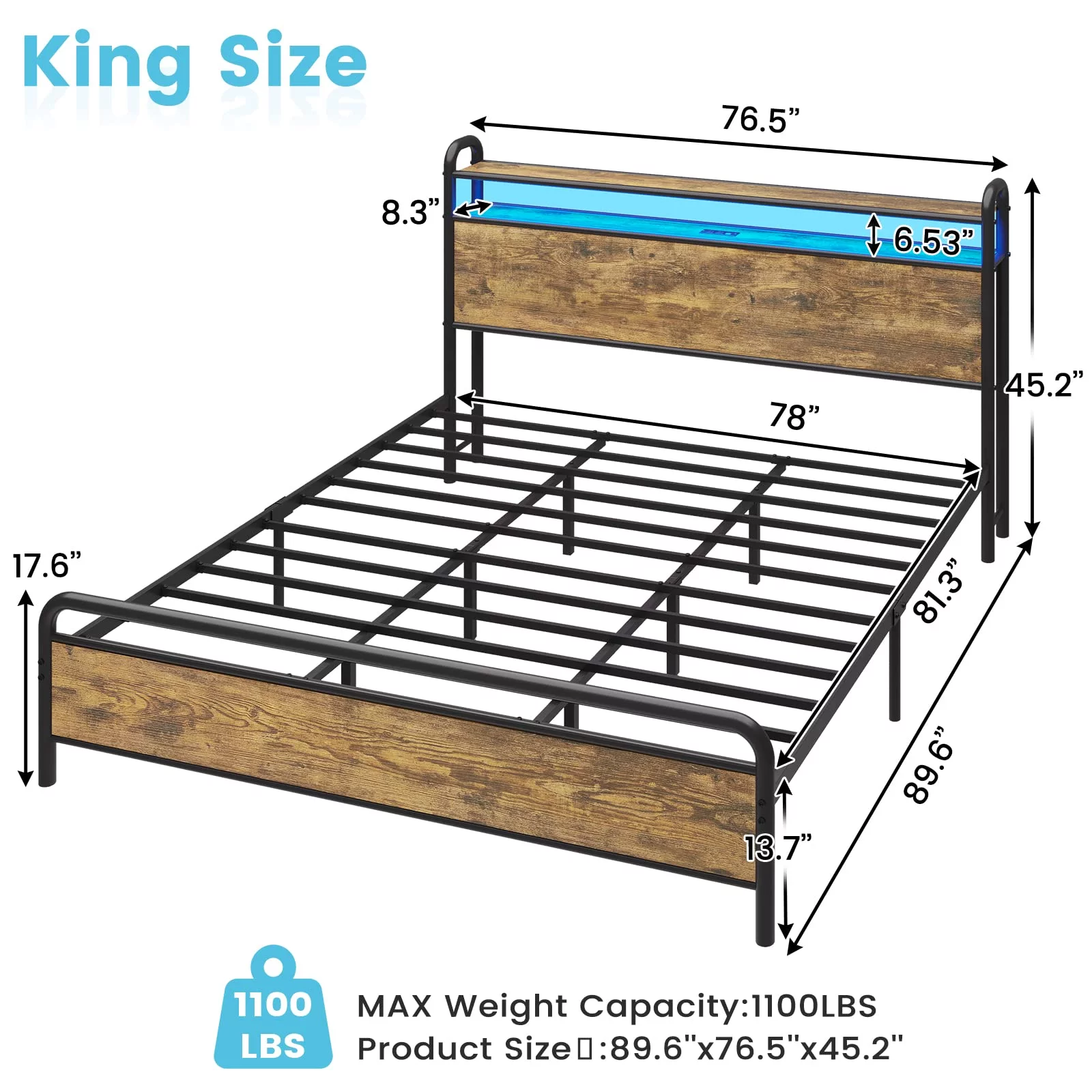 LED Metal Bed Frame with USB Ports & Outlets & LED Headboard, King Platform Bed Frame with 2-Tier Storage Headboard, No Box Spring Needed, Rustic Brown