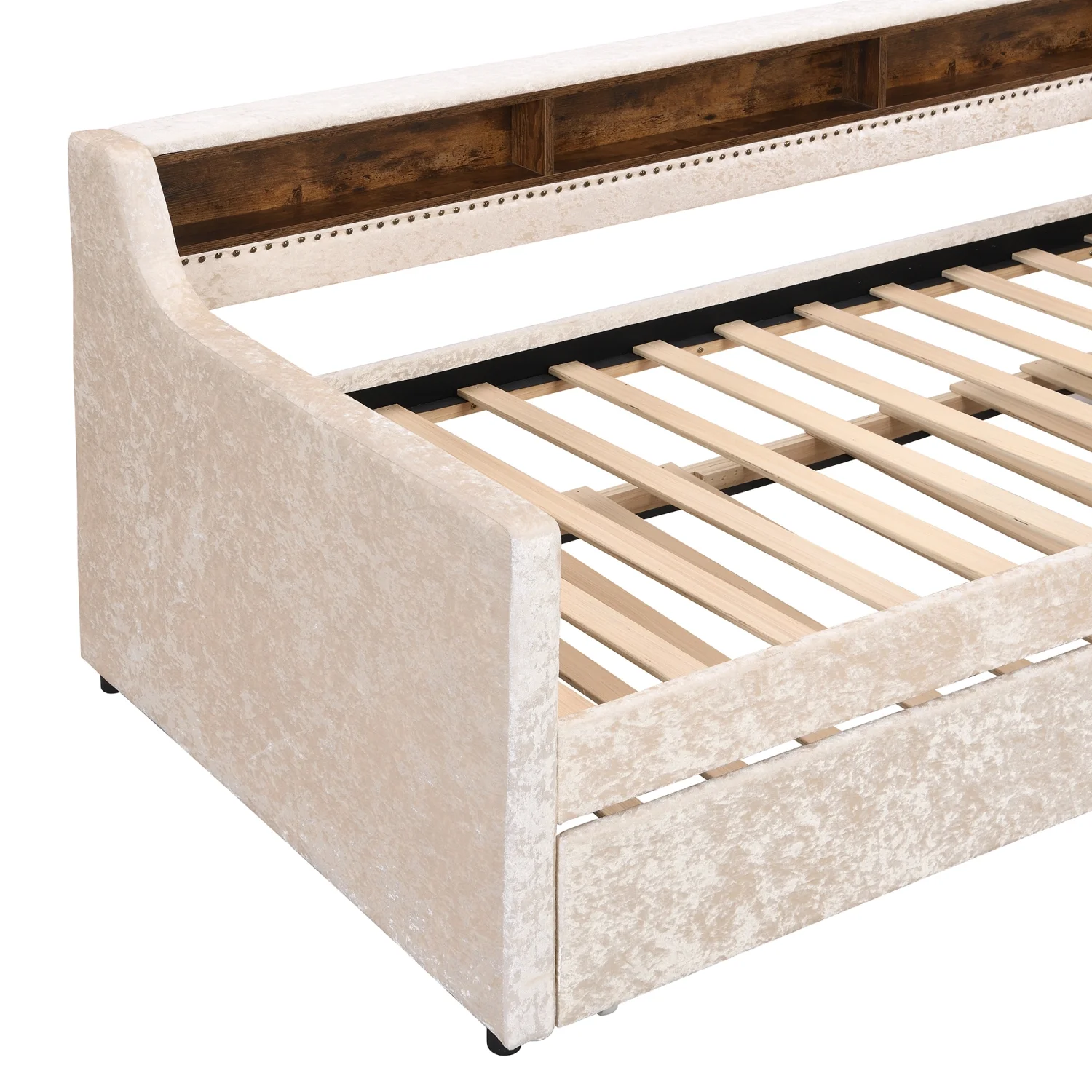 Churanty Twin Size Upholstered Daybed with Trundle and Built-in Storage Shelves, Snowflake Velvet Sofa Bed Wood Day Bed Frame for Bedroom Living Room Guest Room, Beige
