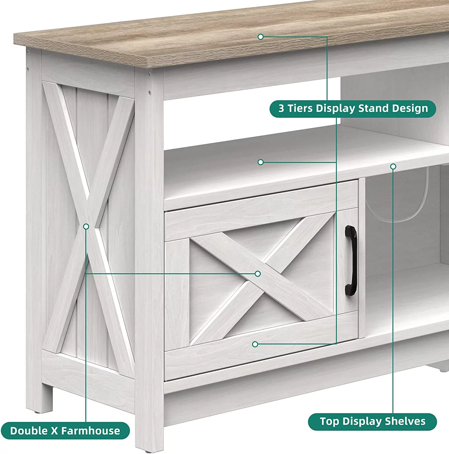 DEXTRUS Farmhouse TV Stand up to 65 inch with Power Outlet, Media Console with Storage Shelves for Living Room, Grey Wash