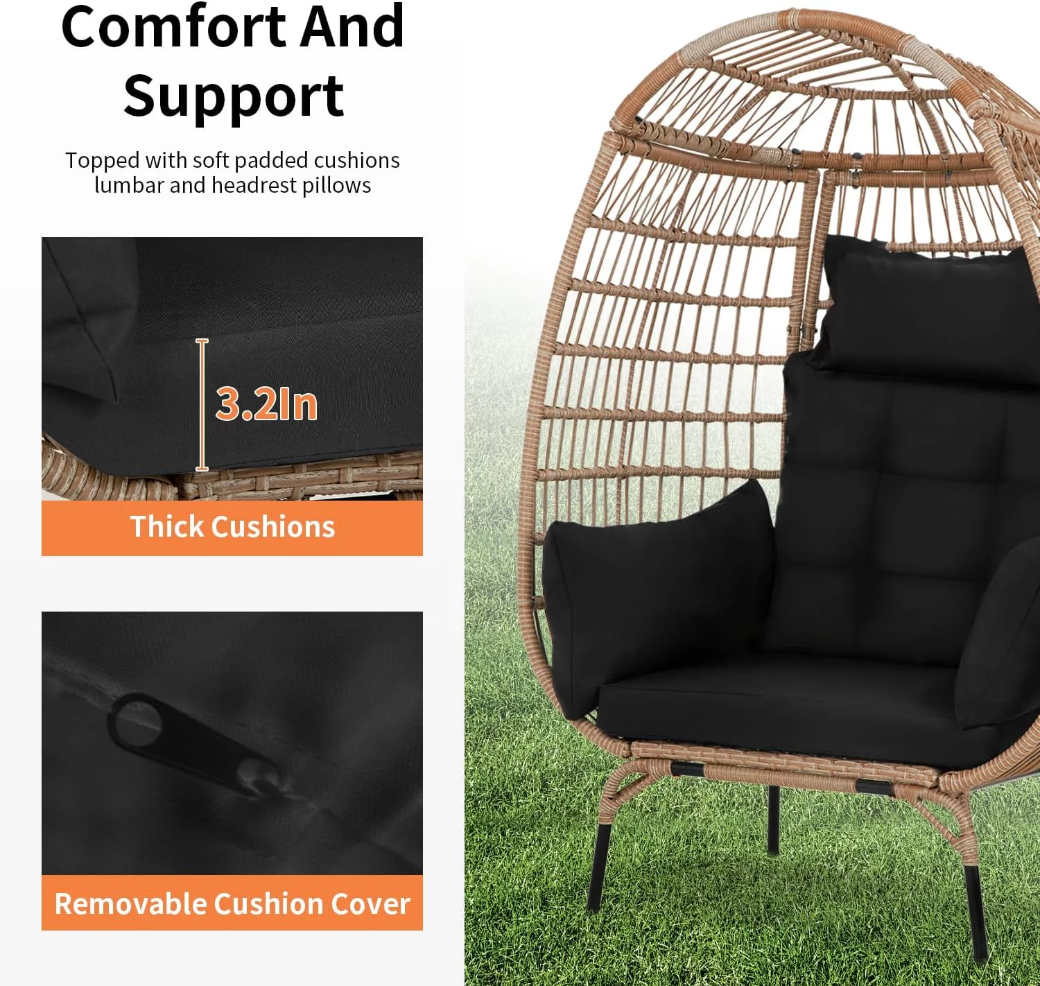 YRLLENSDAN Egg Chair Indoor Outdoor Egg Basket Lounge Chair Rattan Chair Steel Frame Oversized Indoor Outdoor Lounger with 4 Comfort Cushion and Stand,352lb Capacity for Patio Garden Living Room,Black