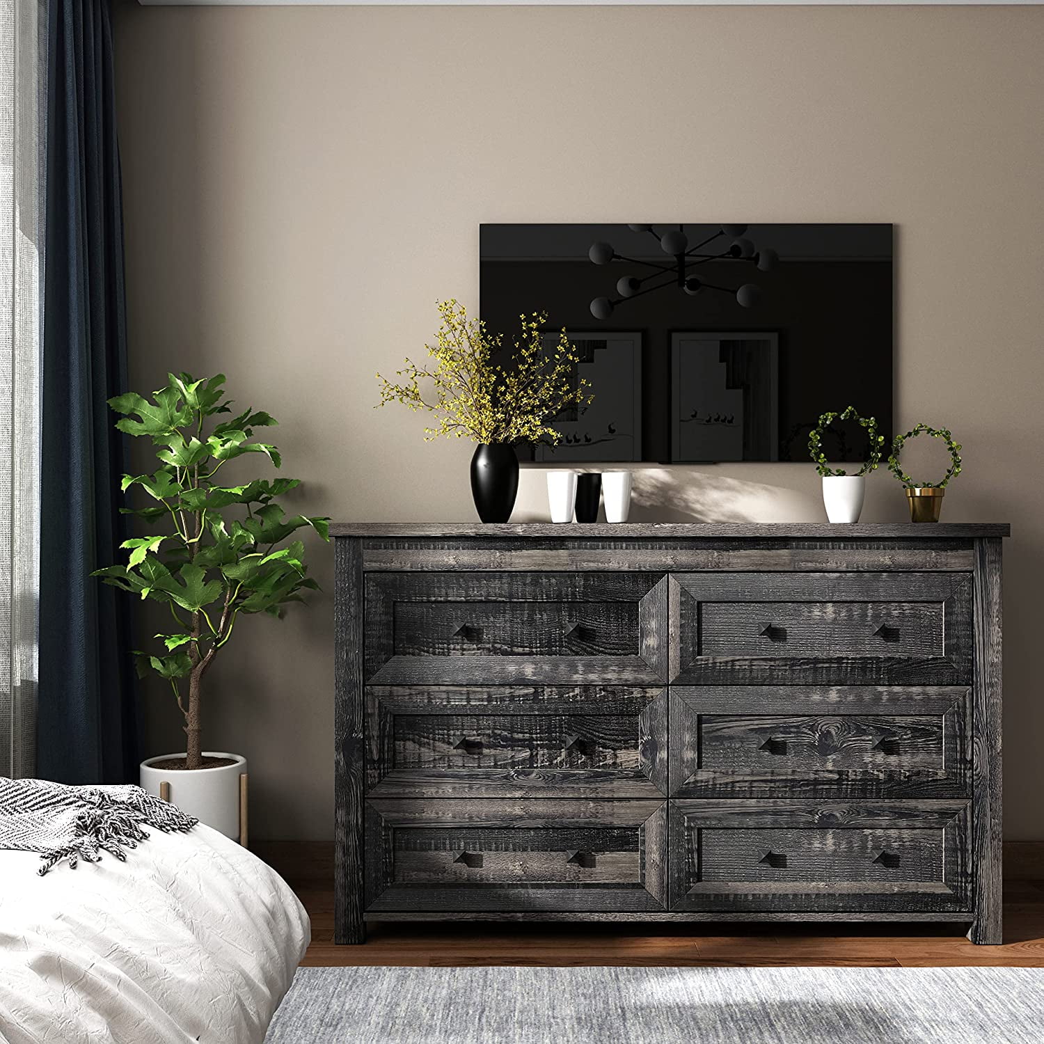 6 Drawer Dresser Chests Farmhouse Storage Chest of Drawers Wood Dresser with Metal Handles Dressers Organizer for Bedroom  Living Room Hallway Dark Rustic Oak