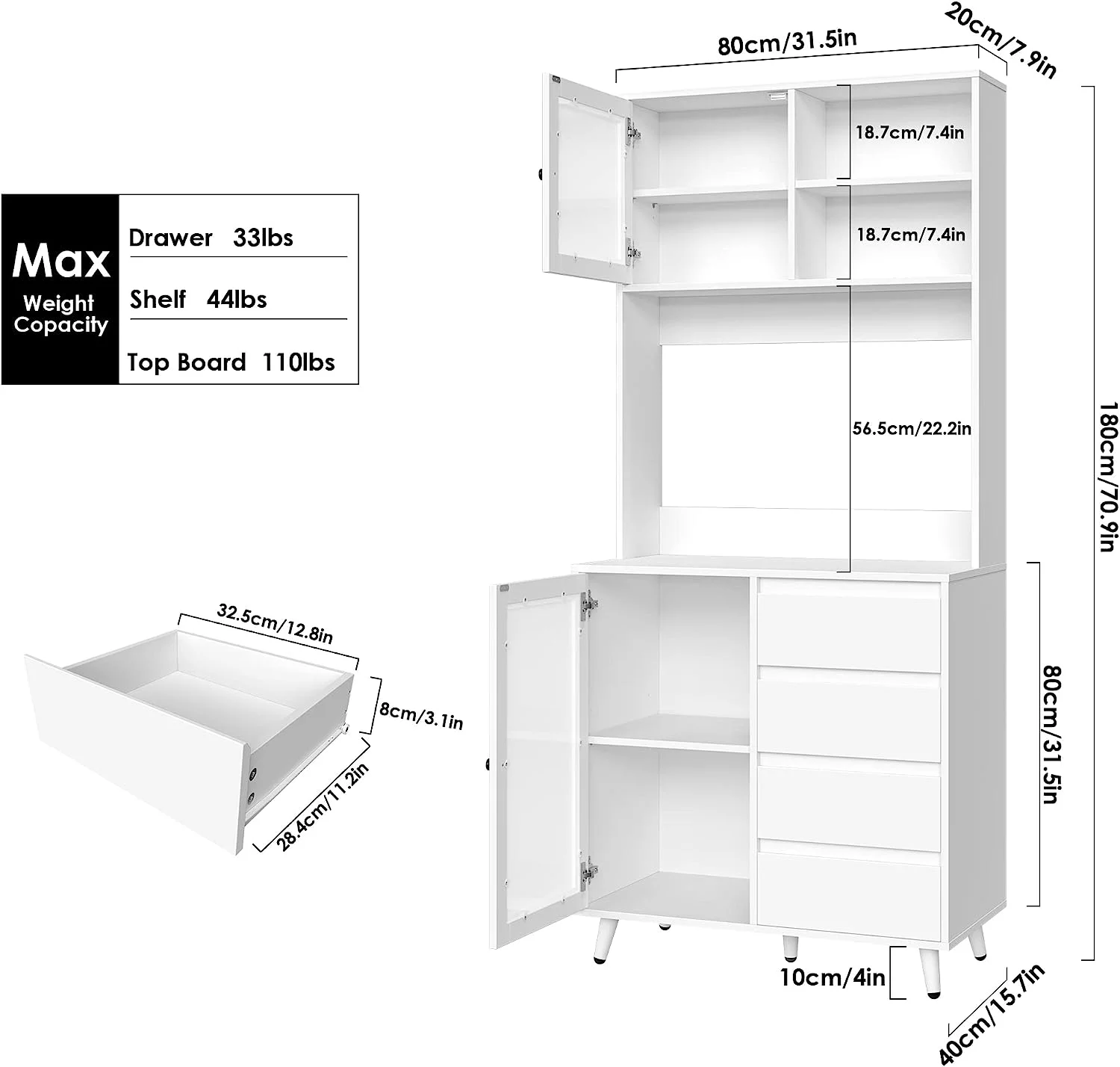 71'' Tall Kitchen Pantry  Cabinet with Large Countertop  Kitchen Buffet Hutch Cabinet with 2 Adjustable Shelves & Tempered Glass Doors  4 Handless Drawers for   White