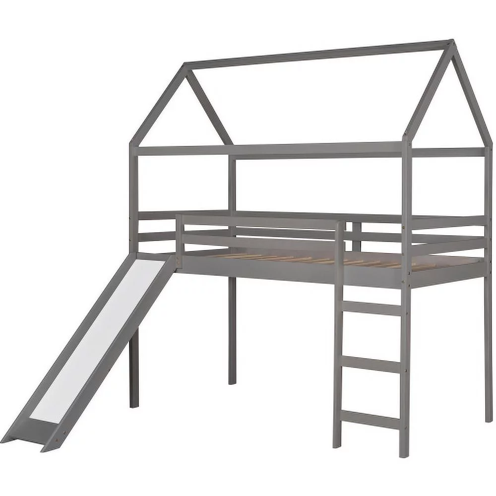 CHURANTY Twin Size Loft Bed with Slide, Wood House Loft Bed Frame , Twin Size Playhouse Loft Bed for Kids Boys Girls, Gray