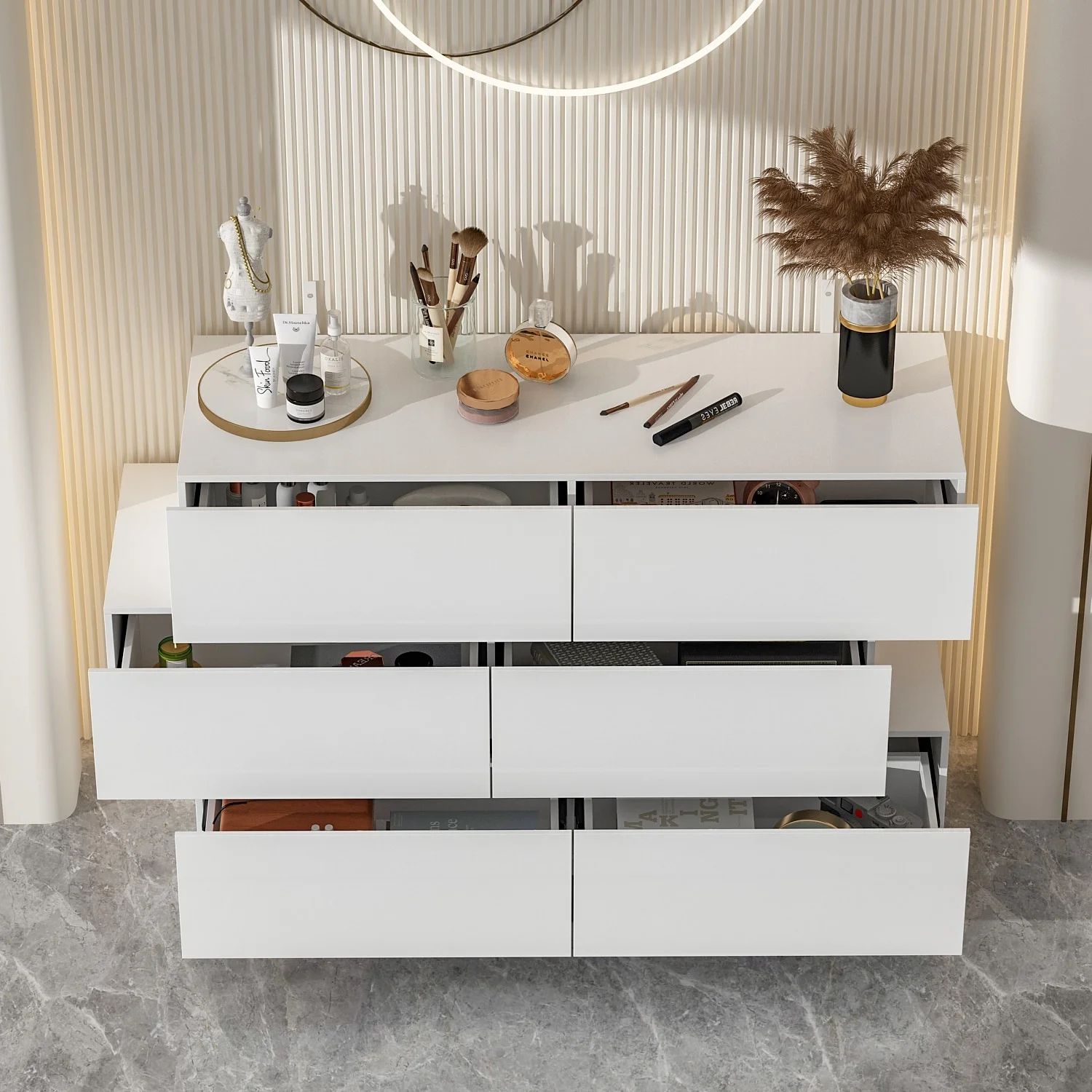 High Glossy Six-Drawer Dresser Chest with Off-Set Design (Black/White) White