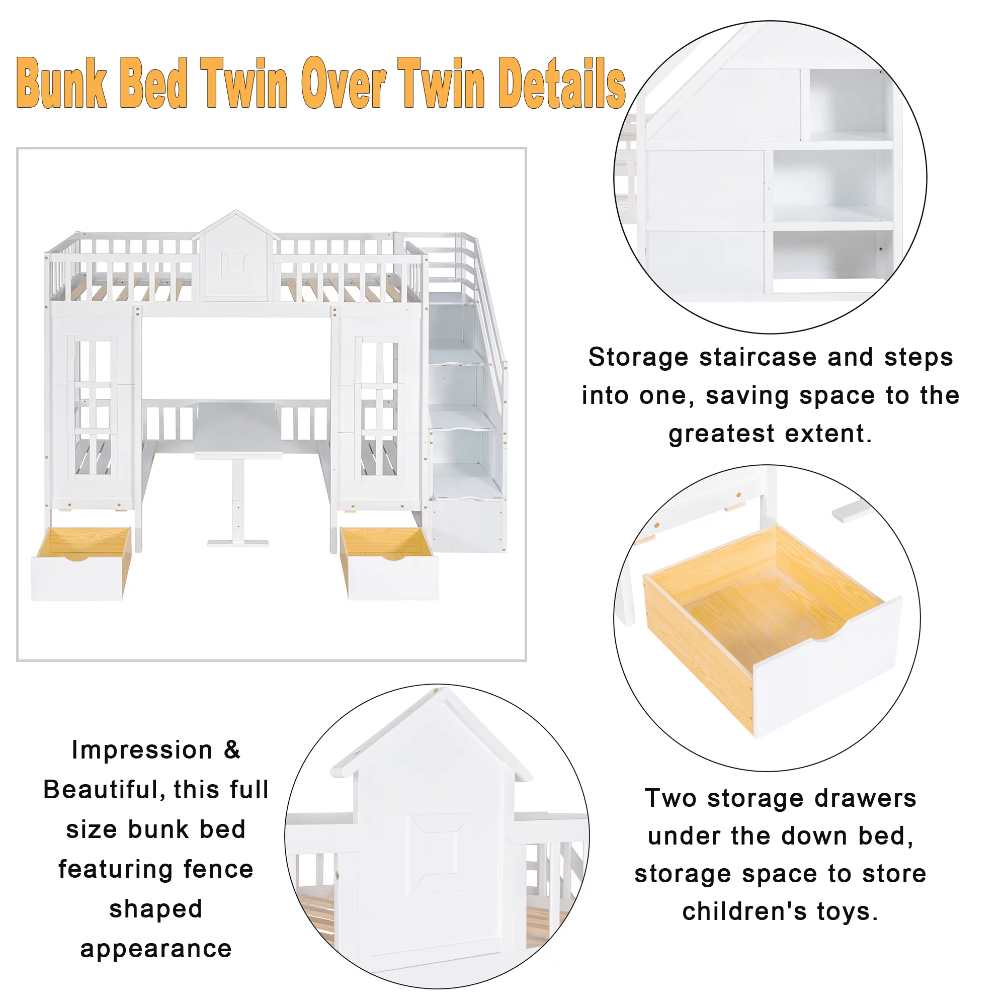Twin Over Twin Bunk Beds with Stairs, Wood Loft Bed with Desk and Seat Can be Turned Into Bunk Bed, Convertible Dorm Bunk Bed with 2 Storage Drawers for Kids Teens(White+White)