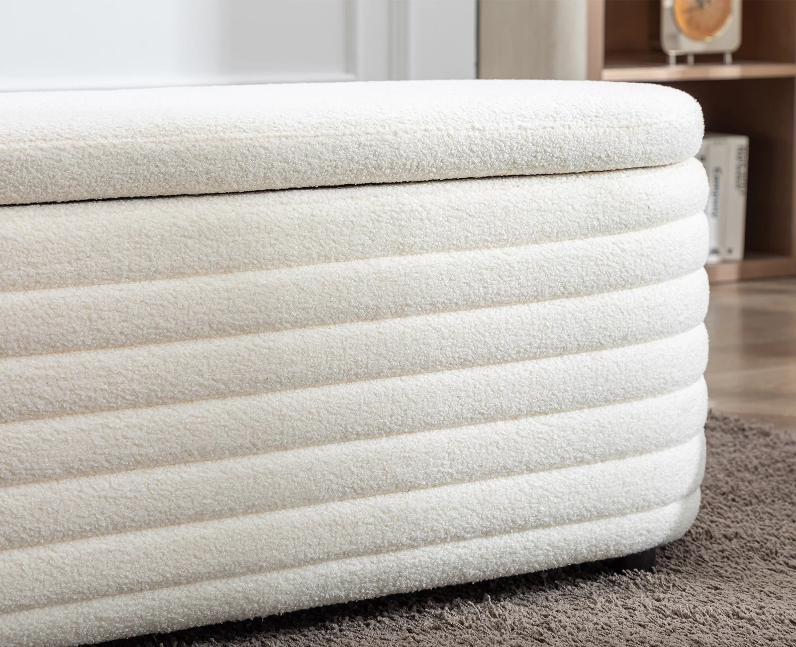 Guyou Storage Ottoman Bench, Upholstered Faux Fur Modern End of Bed Stool Entryway Bench with Safety Hinges for Bedroom Living Room Hallway, White