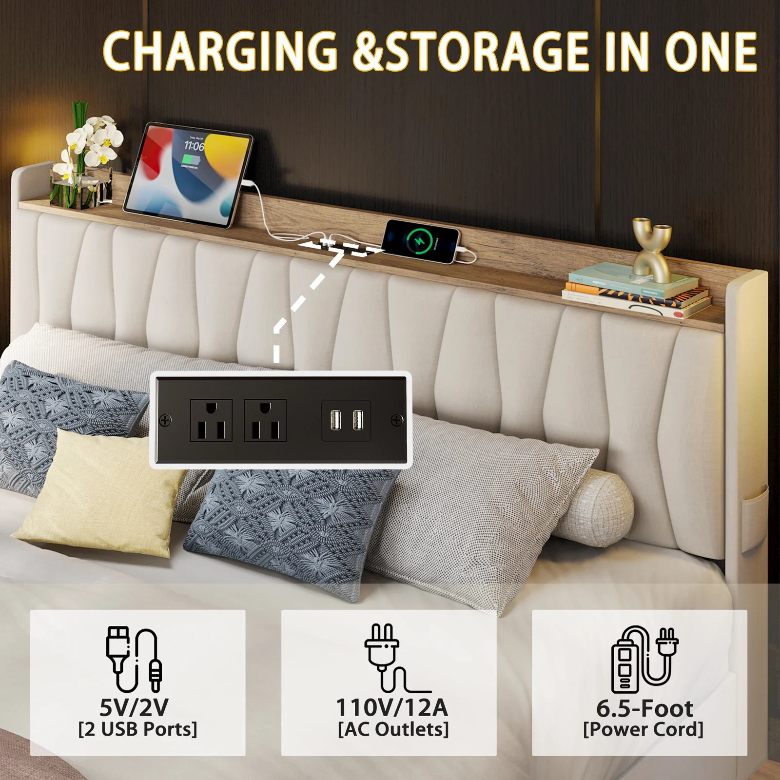 ANCTOR King Size Bed Frame with 3 Drawers, Upholstered Storage Headboard and Charging Station, No Box Spring Needed, Easy Assembly