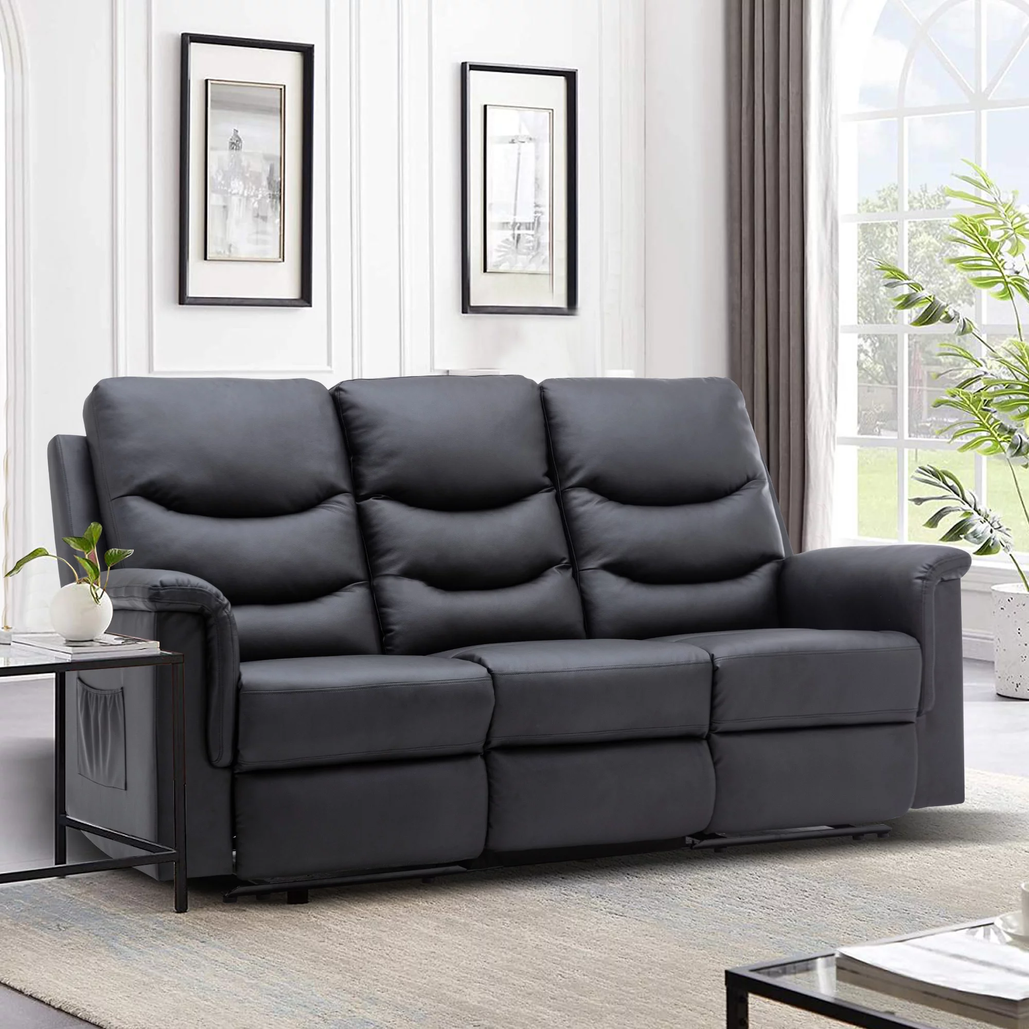 Reclining Sofa, 3 Seater Sofa Recliner with Flipped Middle Backrest, PU Leather Reclining Sofa with 2 Cup Holders and Console Slate, Manual Reclining Home Theater Seating for Living Room