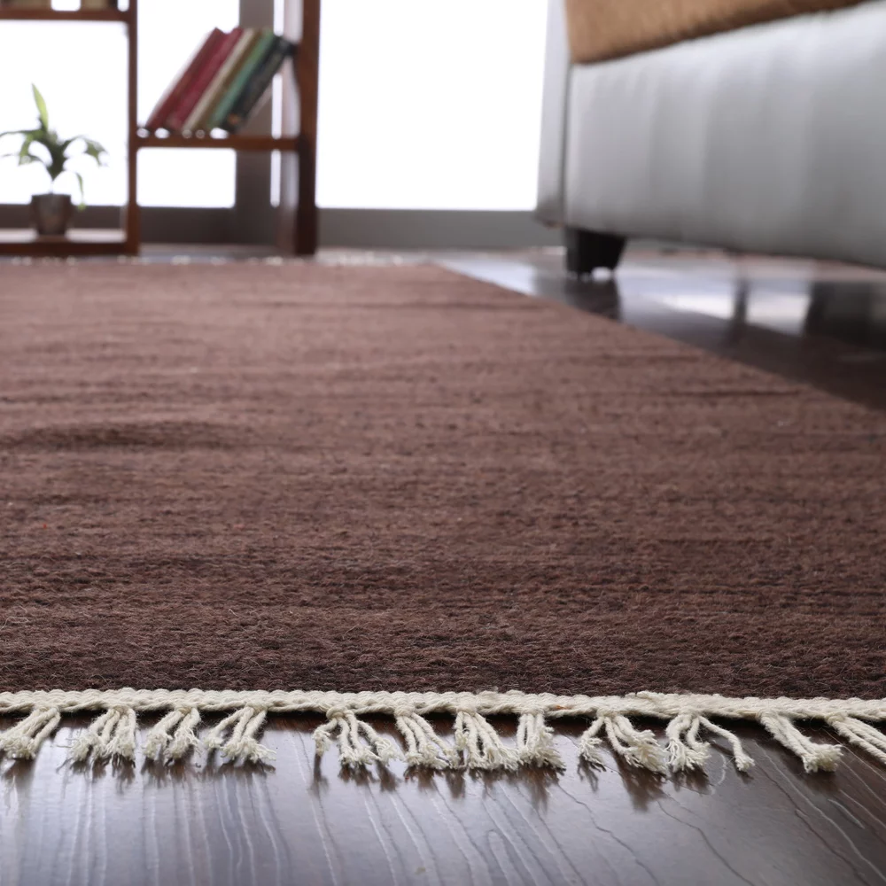 RUGSOTIC CARPETS HAND WOVEN FLAT WEAVE KILIM WOOL ECO-FRIENDLY AREA RUGS - 5'x8', Rectangle, Dark Brown , Plain Solid Design, Low Pile Handmade Area Rugs for Living Room, Bed Room (D00111)