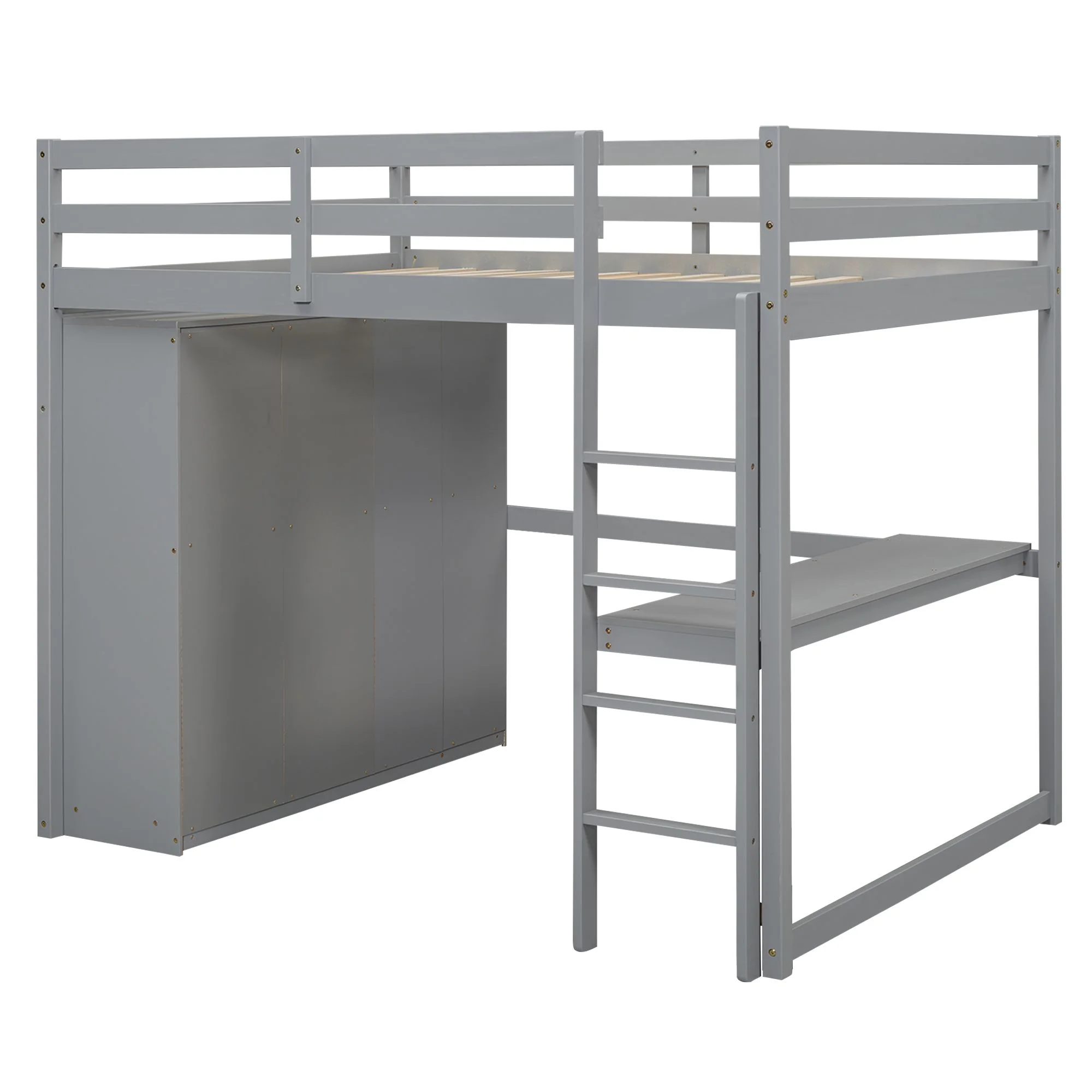 Full Size Loft Bed with Built-in Wardrobe, Desk, Storage Shelves and Drawers, Wooden Loft Beds Frame with Large Space, Wood High Loft Beds with Ladder(Gray, Full)
