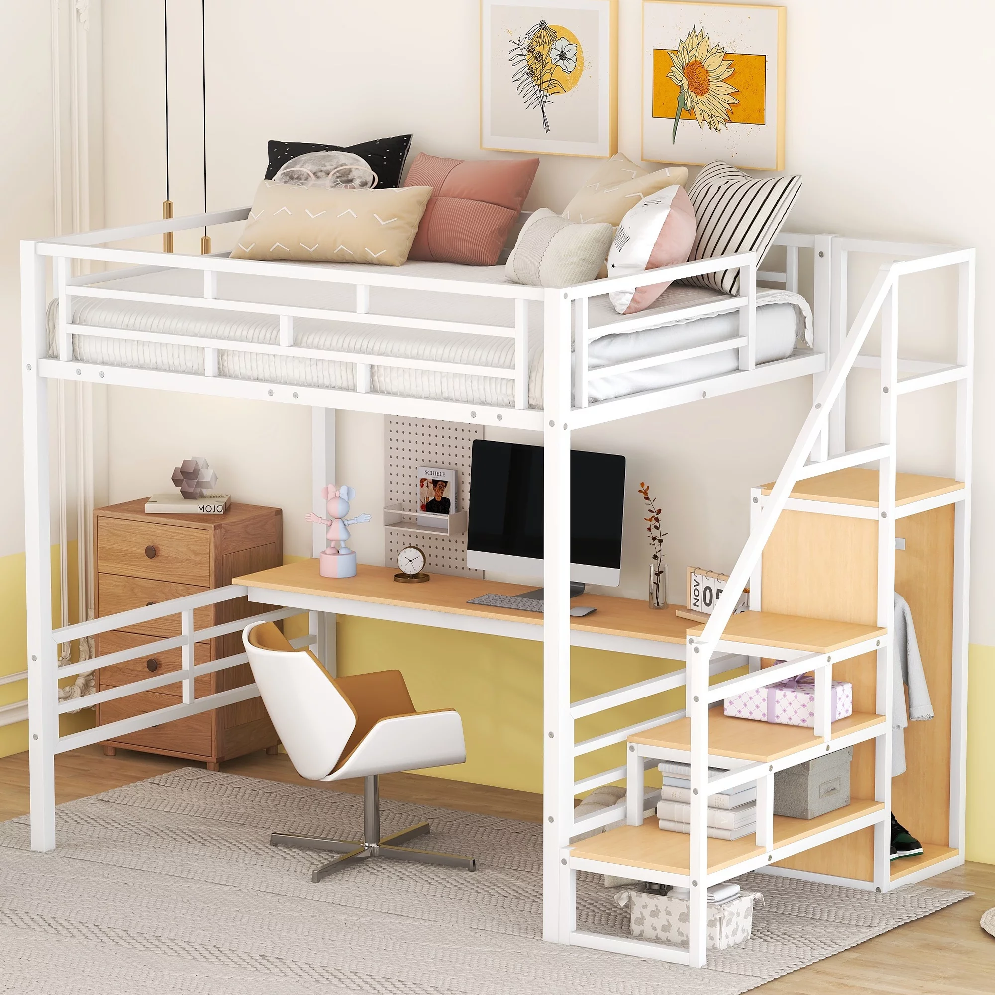 Bellemave Full Size Metal Loft Bed with Convertible Storage Staircase and Small Wardrobe, Heavy Duty Loft Bed Frame with Built-in Long Desk and Safety Guardrail for Kids,Teens, White