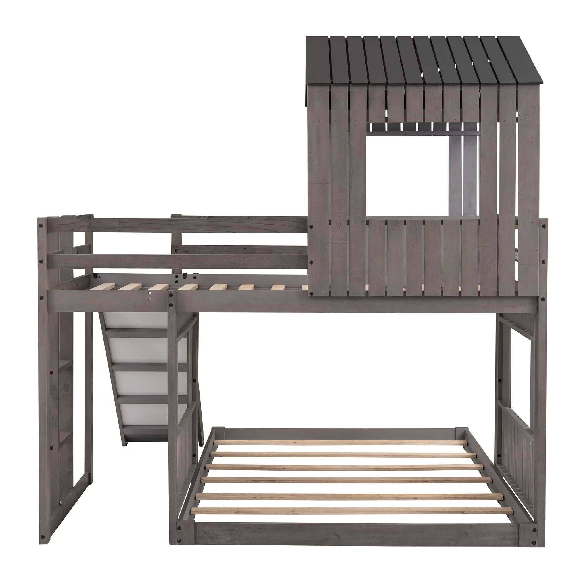 Bellemave Twin Over Full House Bunk Bed with Slide, Wood L-Shaped Fort Loft Bunk Beds Frame with Ladder, Floor Playhouse Bed for Kids, No Need Spring Box (Antique Gray)