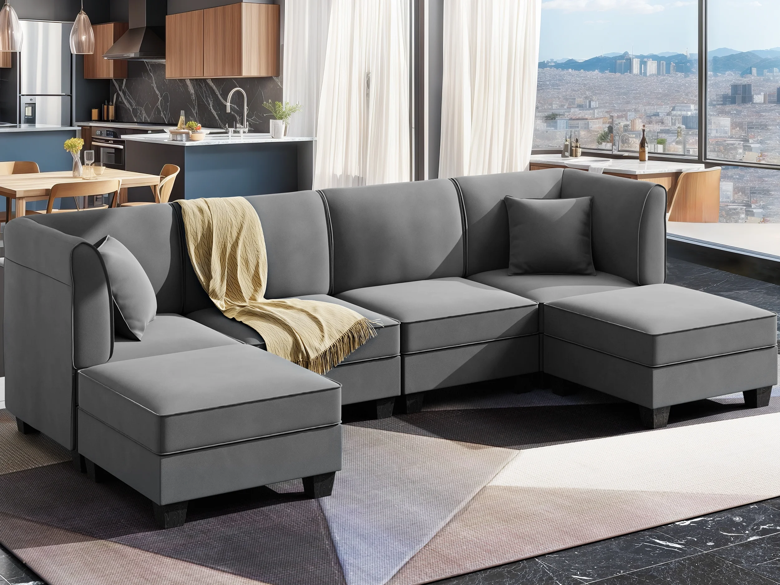 Walsunny Modular Sectional Sofa with Reversible Chaise, U-Shape Convertible Sectional Walsunny Couch with 6 Seats, Velvet Modern Sleeper with Ottomans
