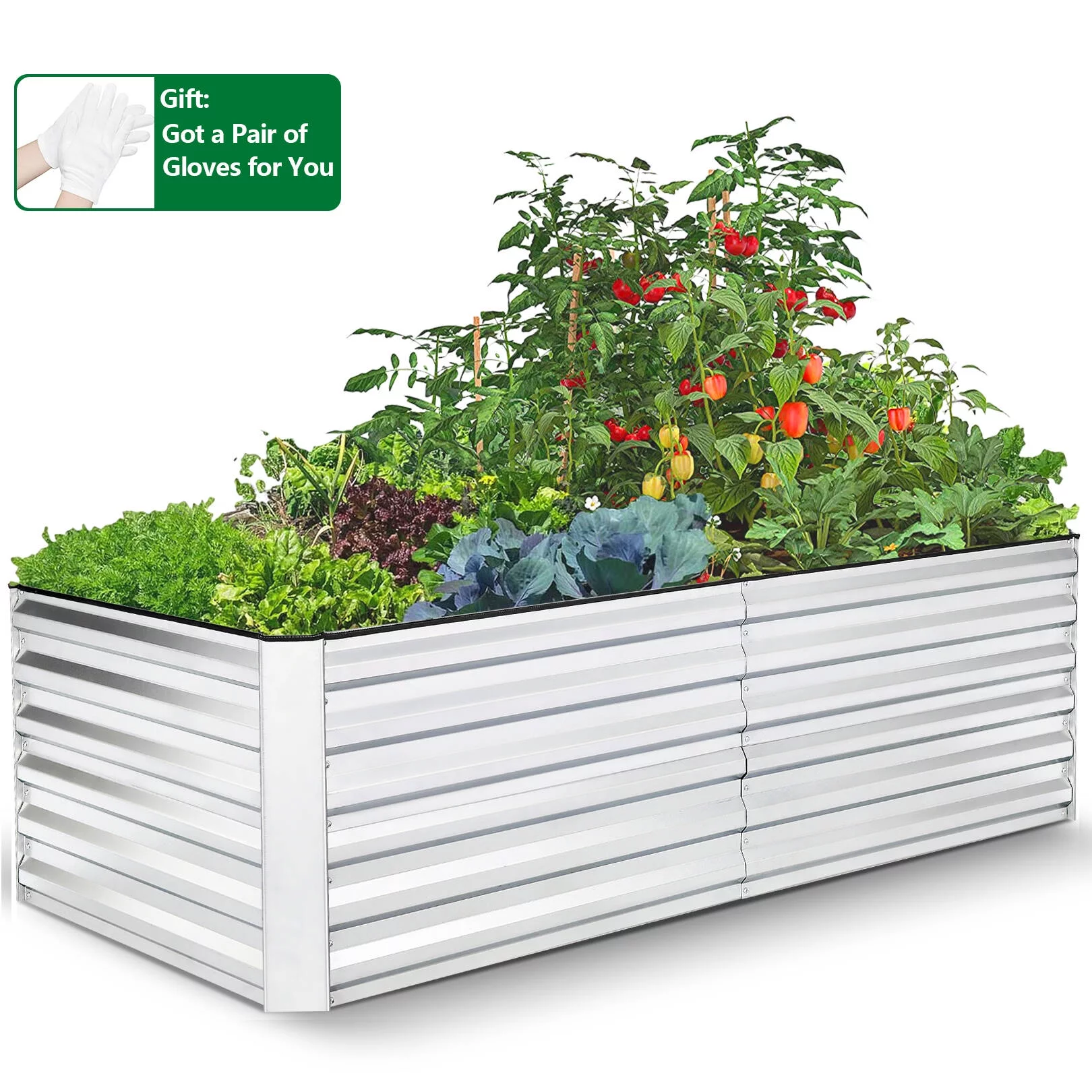 SEJOV 8x4x2ft Outdoor Metal Raised Garden Bed, Planter Box for Vegetables, Flowers, Herbs - Silver
