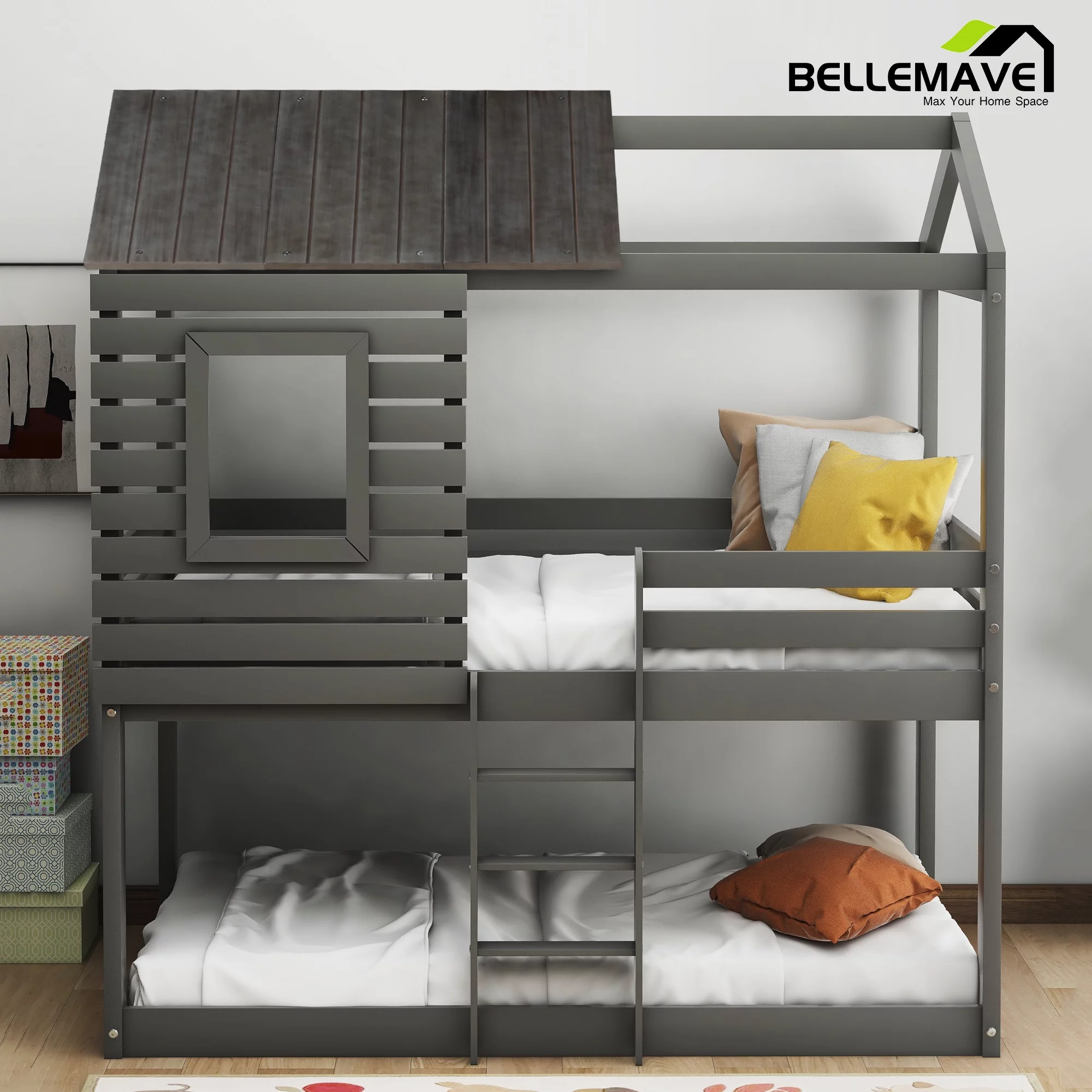 Bellemave Twin over Twin Bunk Bed for Kids, Twin House Bunk Bed with Roof, Window, Guardrail and Ladder, Low House Bunk Bed/Wood Playhouse Bunk Bed for Kids, Girls, Boys(Gray)