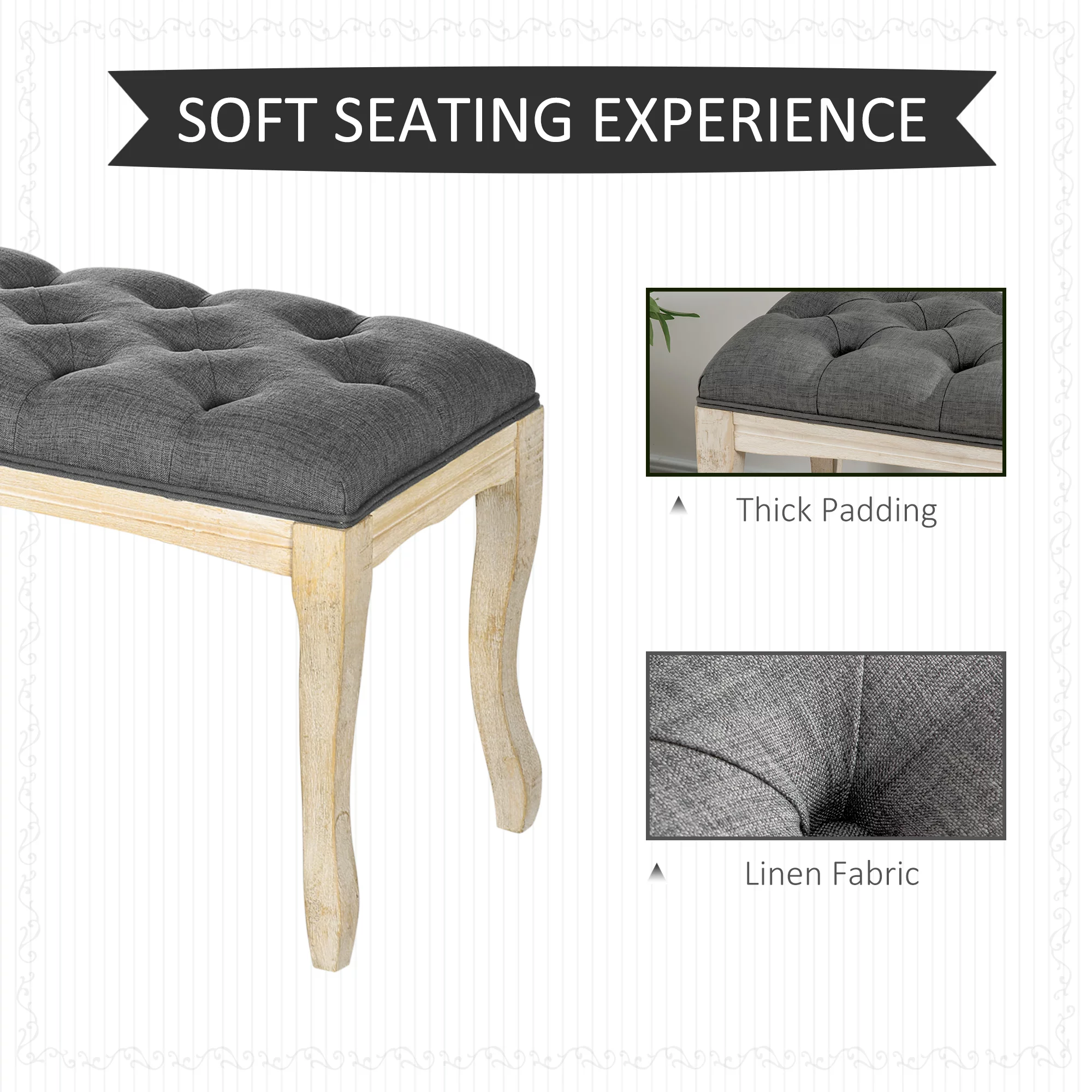 HOMCOM 43' Bedroom Bench, Vintage Style Tufted, Dark Gray