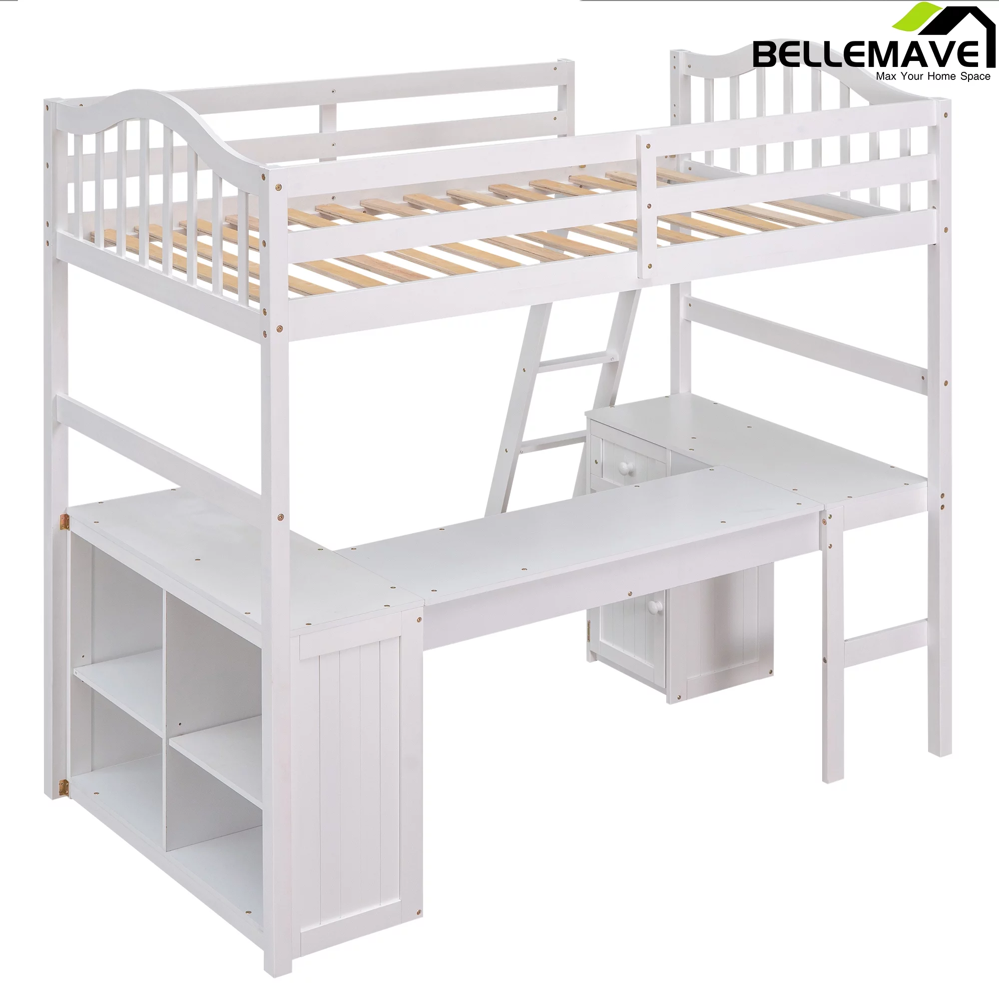 Bellemave Twin Size High Loft Bed with Desk and Drawers for Kids,Wooden Loft Bed Frame with Bookcase Shelves and Storage Cabinet for Kids,Teens,Adults,White