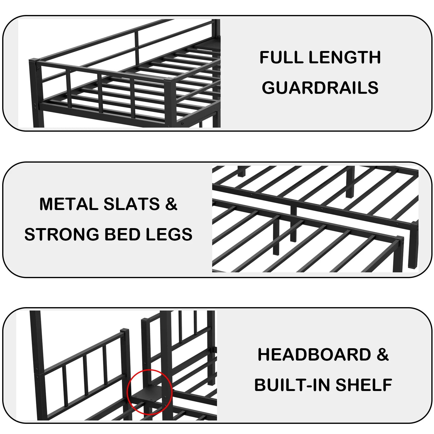 Bellemave Triple Bunk Bed Twin XL over Twin and Twin Metal Bunk Bed Frame with Storage Shelf Space Saving Bunk bed with Build-in Table Convertible 3 Bunk Bed for Kids Teens Boys Girls, Black