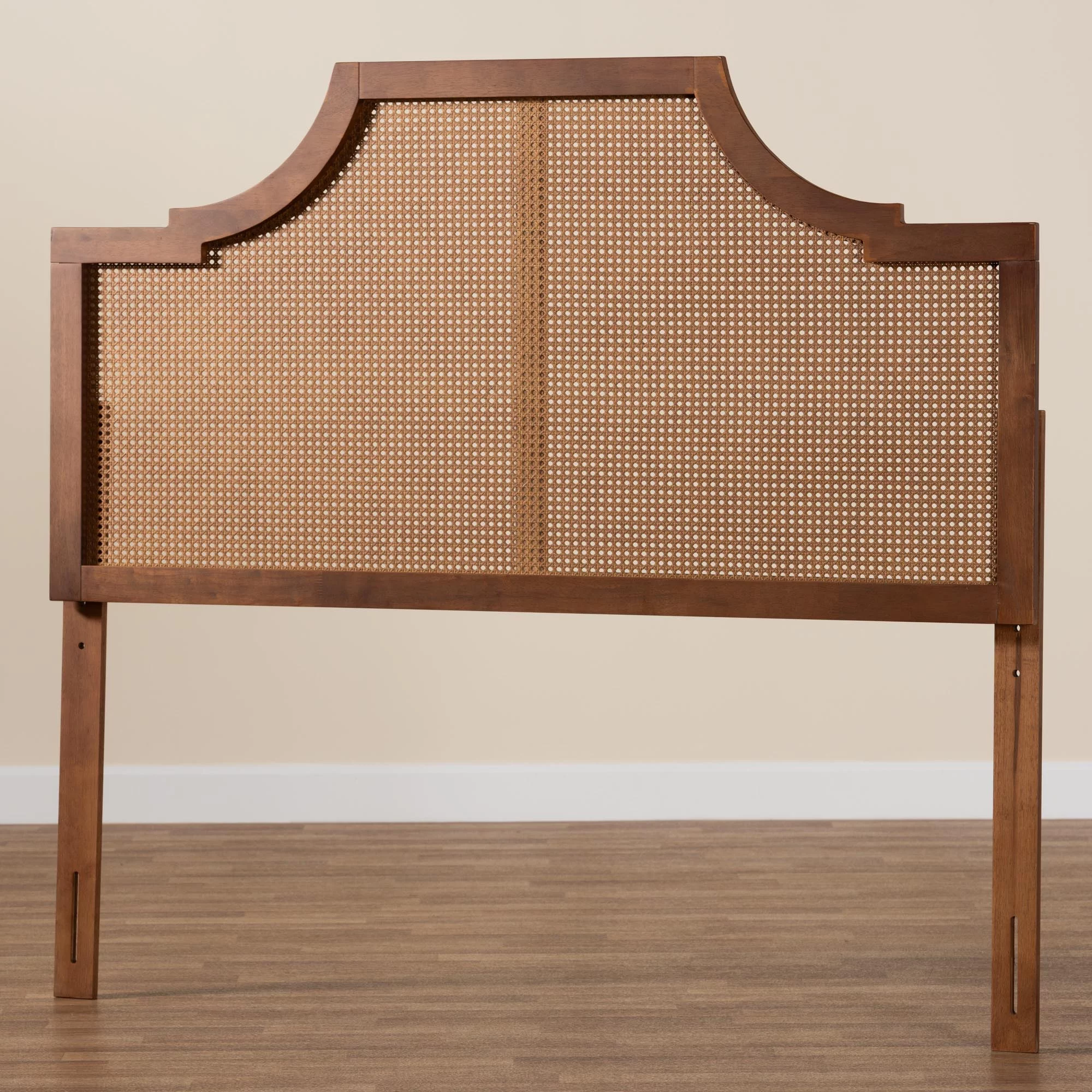 Baxton Studio Risha Mid-Century Modern Ash Walnut Finished Wood and Rattan Queen Size Headboard