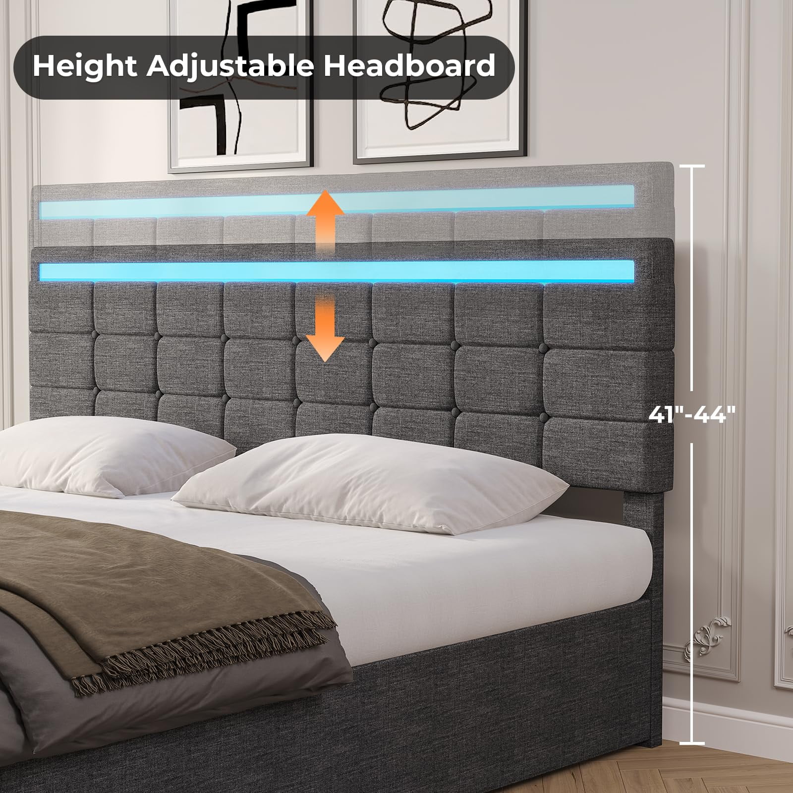 LED Bed Frame King Size Upholstered Platform Bed with 4 Drawers and LED Headboard and 2 USB Ports,Noise-Free, Dark Grey