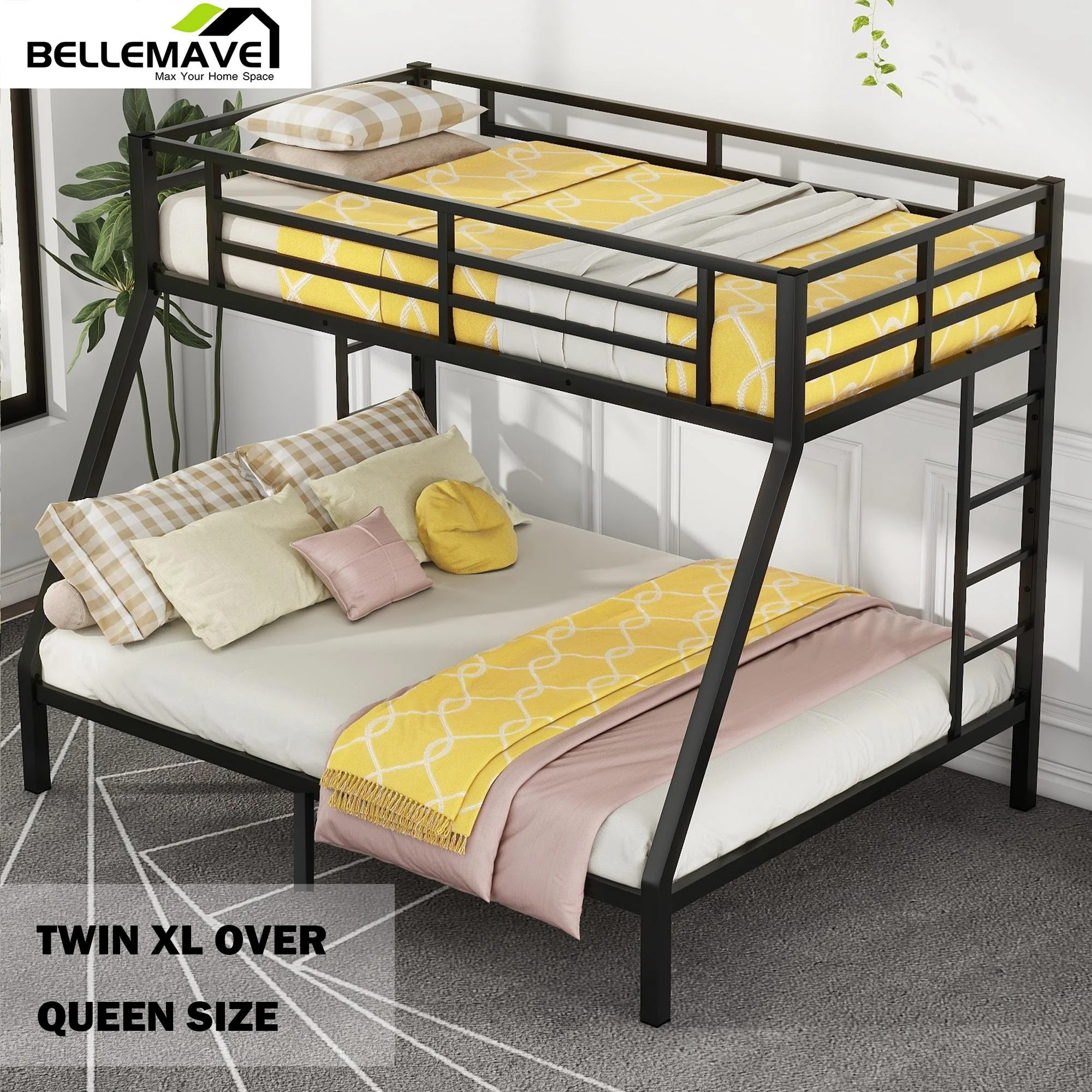 Bellemave Metal Bunk Beds Twin XL over Queen Bunk Bed for Adults, Teens, Kids Heavy Duty Bunk Bed Frame with 2 Ladder and Full-Length Guardrails, No Box Spring Needed, Black