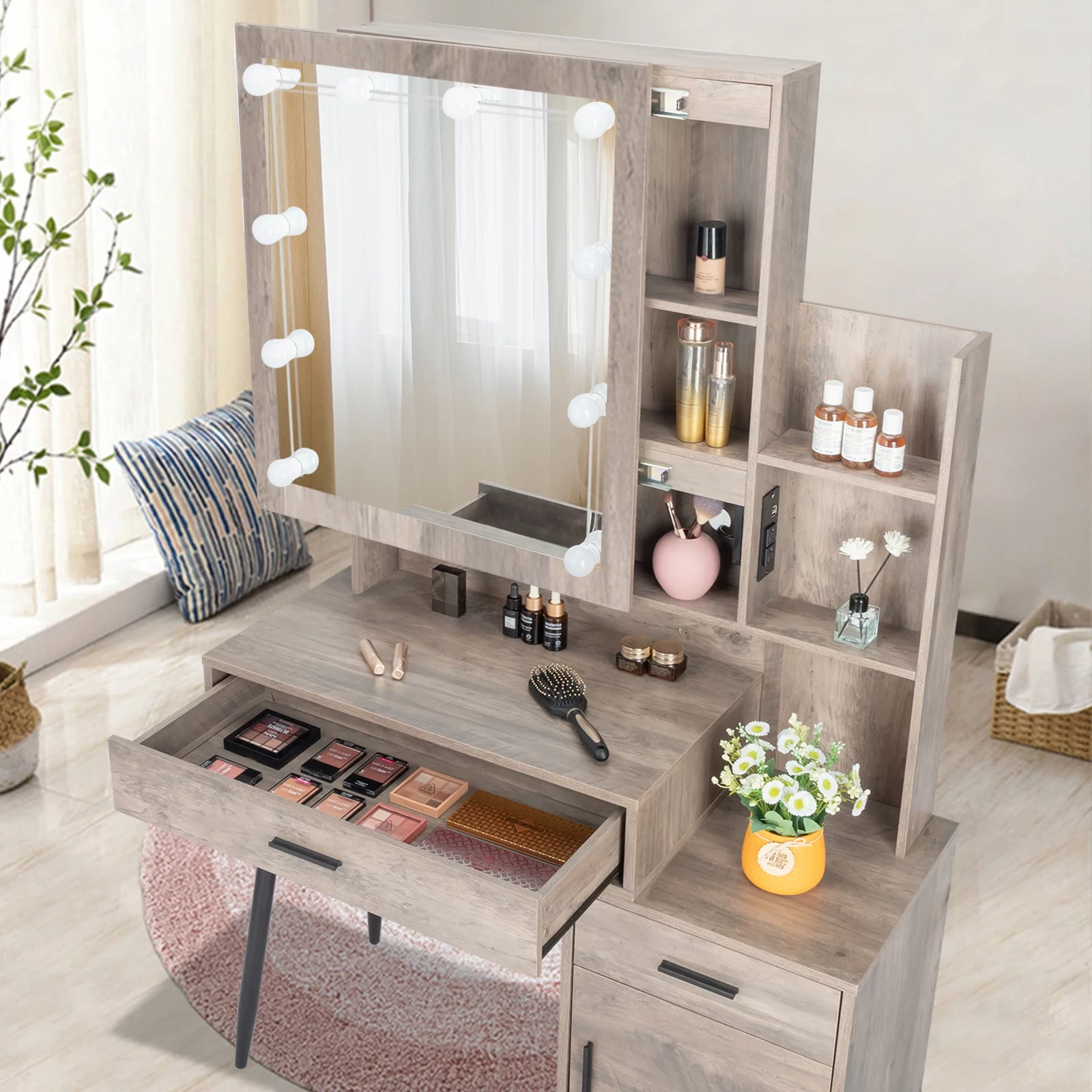 Ktaxon Lighted Vanity Table Set with USB Charging Station, Makeup Dressing Table with Sliding Mirror, Bedroom Vanities Set