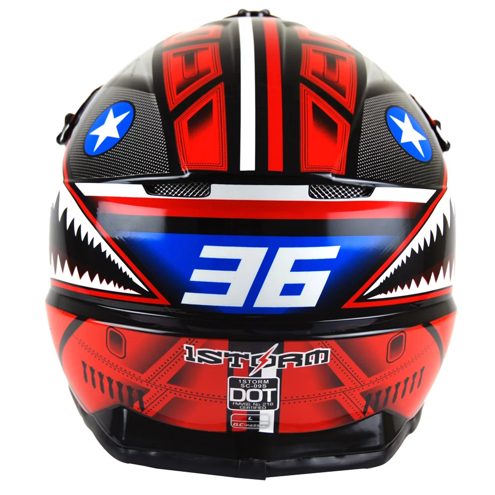 1Storm Adult Motocross Helmet BMX MX ATV Dirt Bike Downhill Mountain Bike Helmet SC09S Monster Shark Red; + Goggles + Skeleton Red Glove Bundle