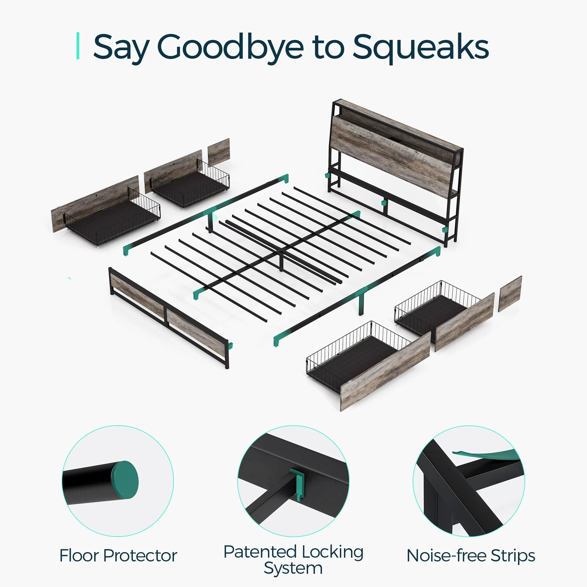 Linsy Home Queen Size Platform Bed Frame with Storage Headboard and 4 Storage Drawers, No Box Spring Needed, Light Grey