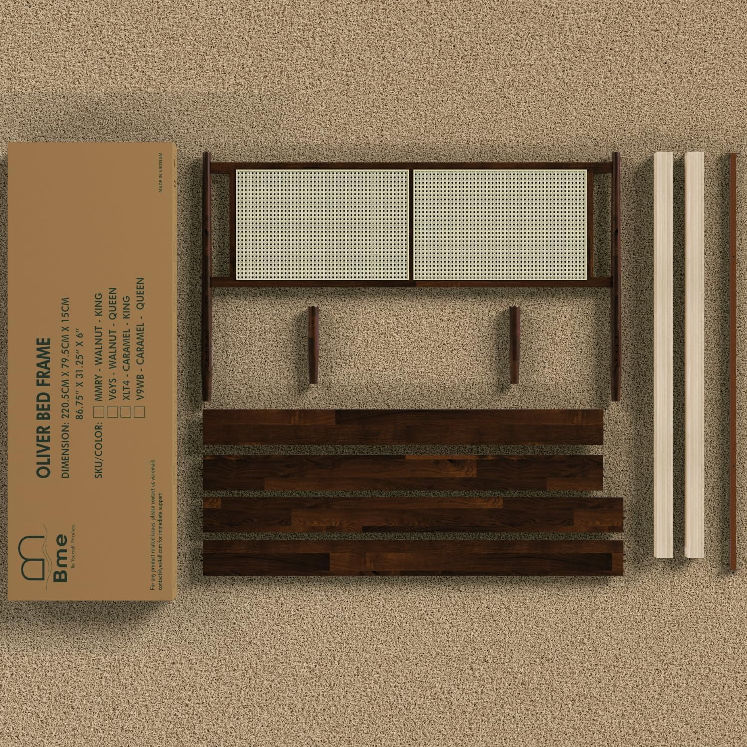 Bme Oliver 15 Inch Signature Bed Frame with Rattan Headboard - Bohemian & Mid Century Style - Acacia Wood - 12 Strong Wood Slat Support - Easy Assembly - No Box Spring Needed - Walnut, Queen