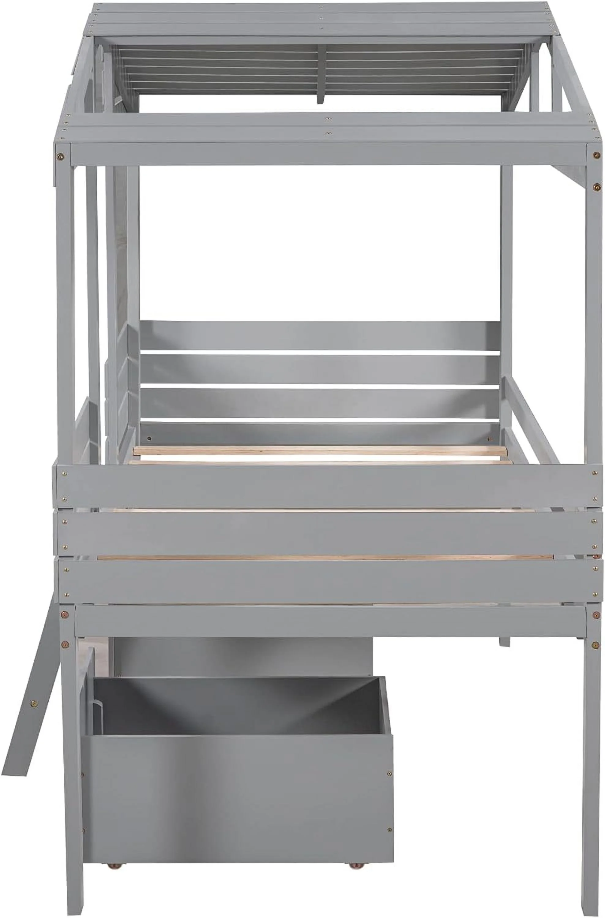 House Loft Bed For Kids,Wood House Loft Bed With Storage Drawers And Ladder, Low Loft Bedframe, Bedroom Furniture For Kids/Boys/Girls (Gray)