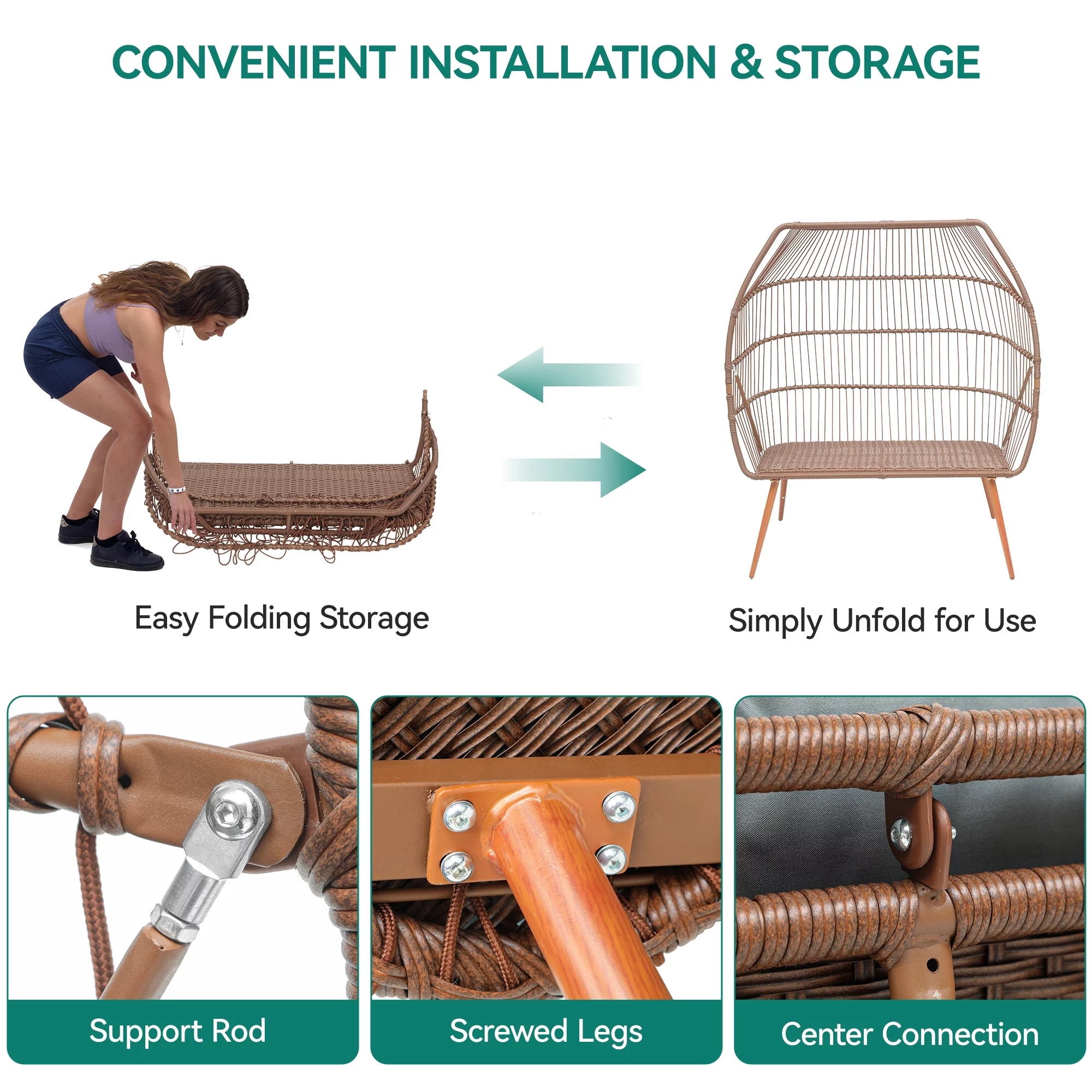 Dextrus Double Egg Chair with Legs 2 Person Wicker Egg Chair Indoor Outdoor Patio Egg Chair with Cushions 510lbs for Patio, Bedroom, Garden and Balcony, Gray